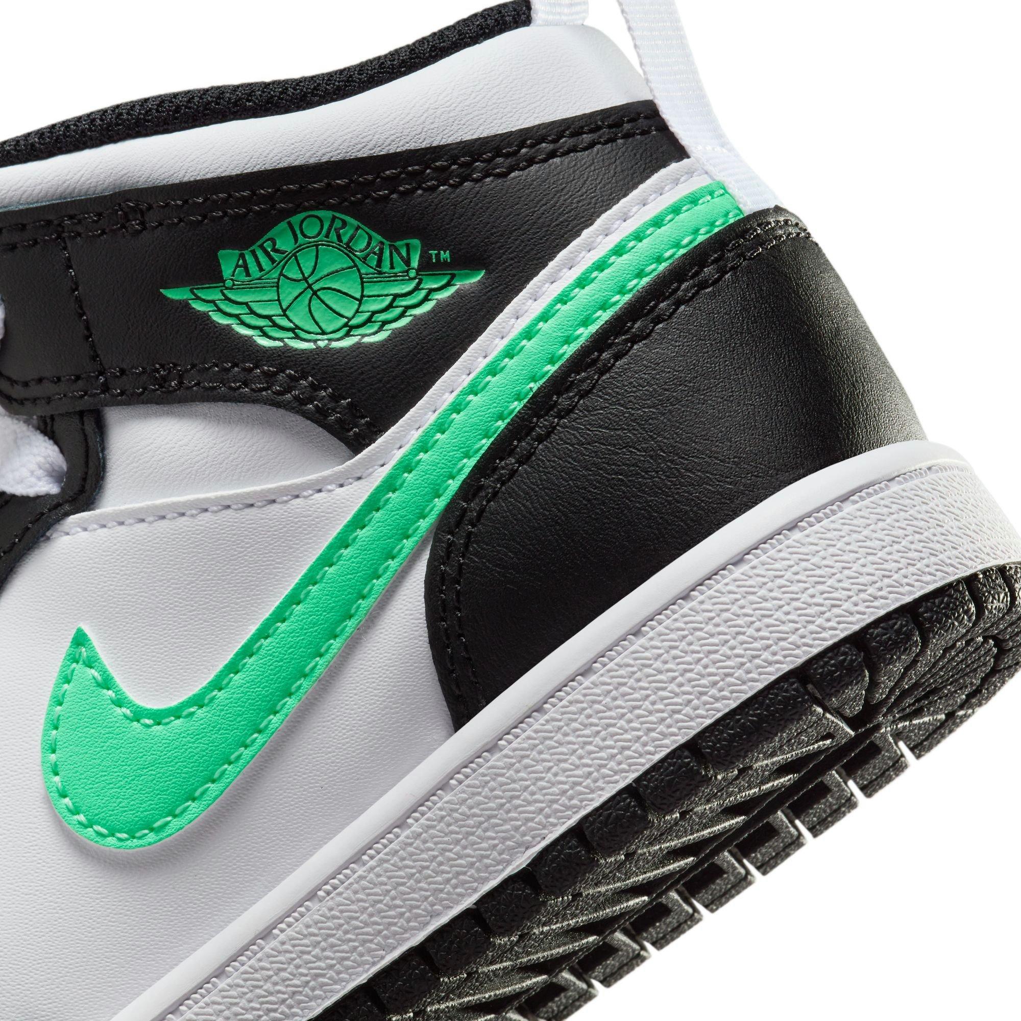 Jordan 1 Mid "White/Green Glow/Black" Preschool Boys' Shoe - WHITE/BLACK/GREEN Thumbnail View 11