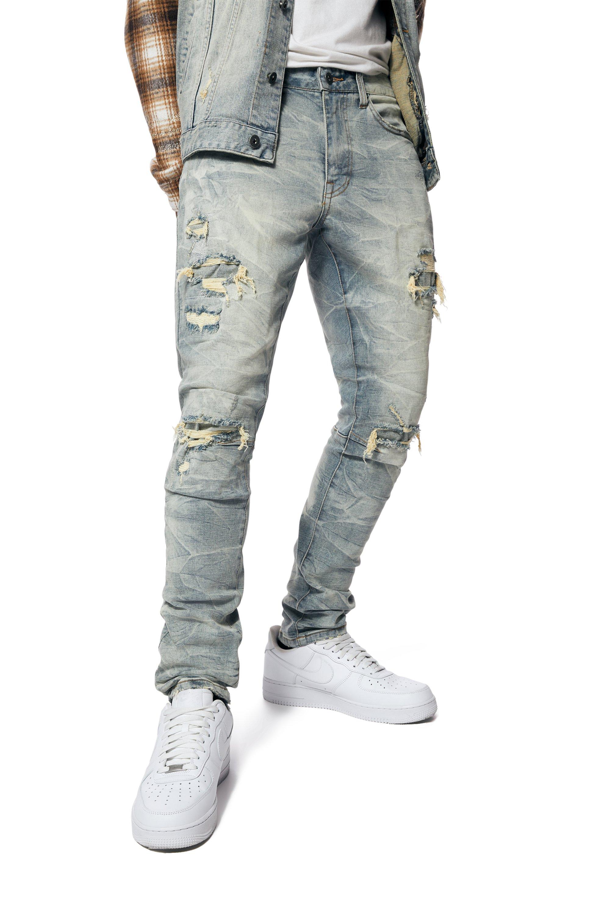 Smoke Rise Men's Osaka Blue Lightning Slim Fit Denim Jeans - BLUE Thumbnail View 4