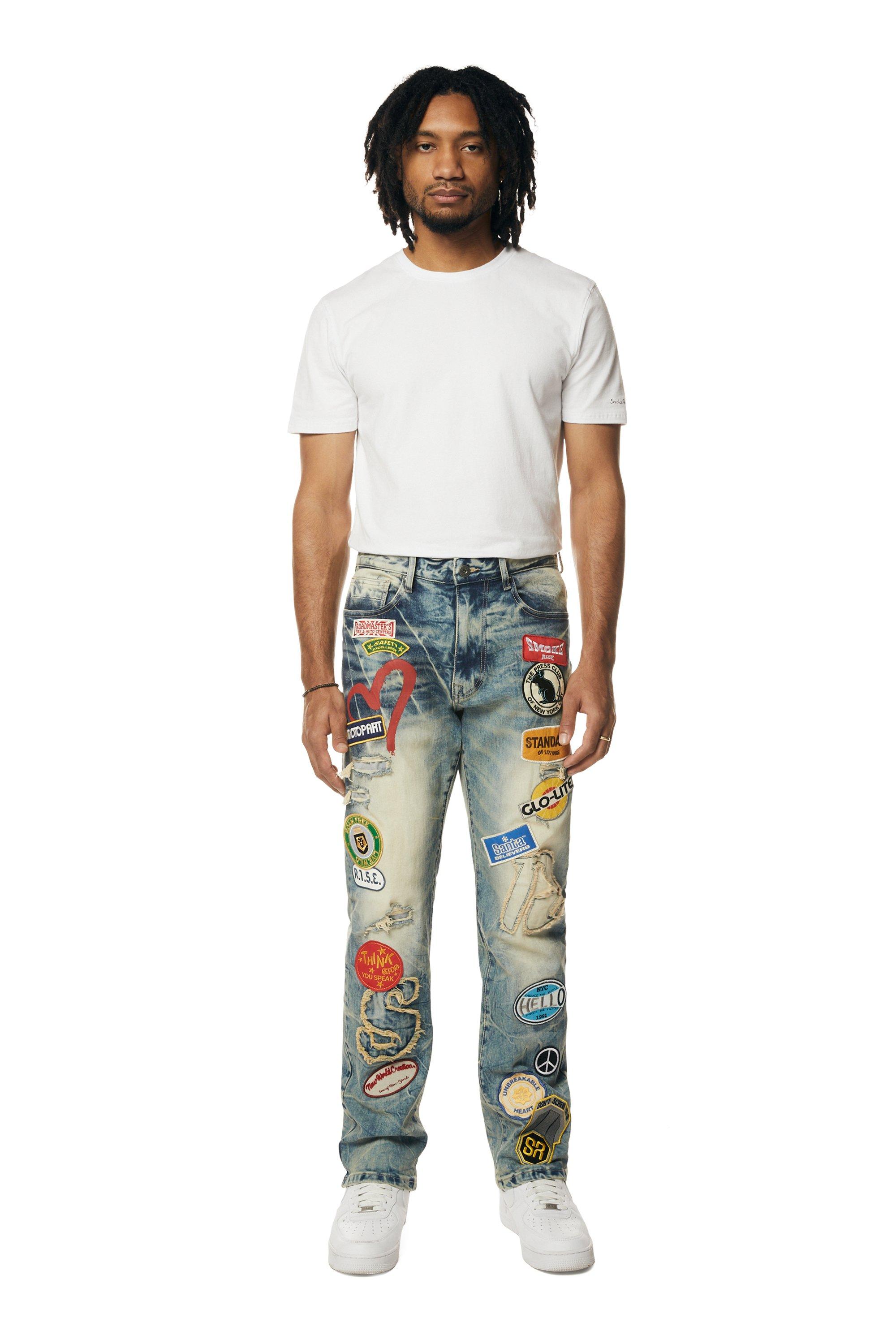 Smoke Rise Men's Multi Embossed Patched Straight Fit Denim Jeans - Metro Blue - BLUE Thumbnail View 1