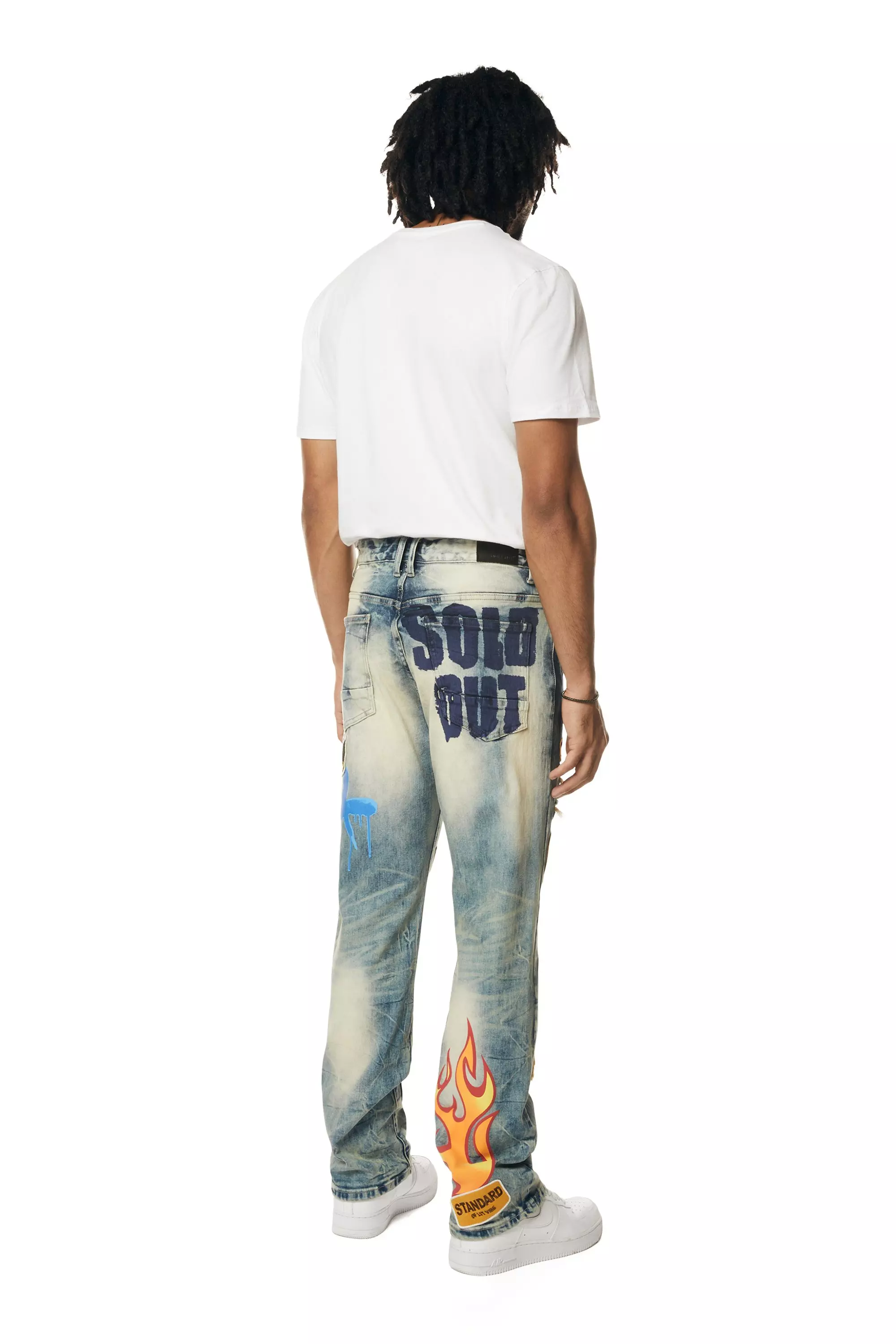 Smoke Rise Men's Multi Embossed Patched Straight Fit Denim Jeans - Metro Blue - BLUE