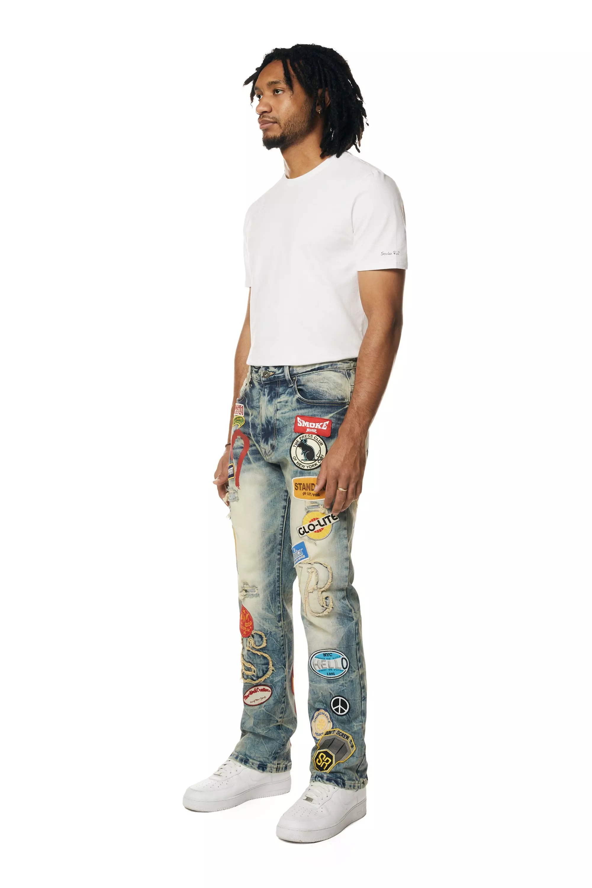 Smoke Rise Men's Multi Embossed Patched Straight Fit Denim Jeans - Metro Blue - BLUE