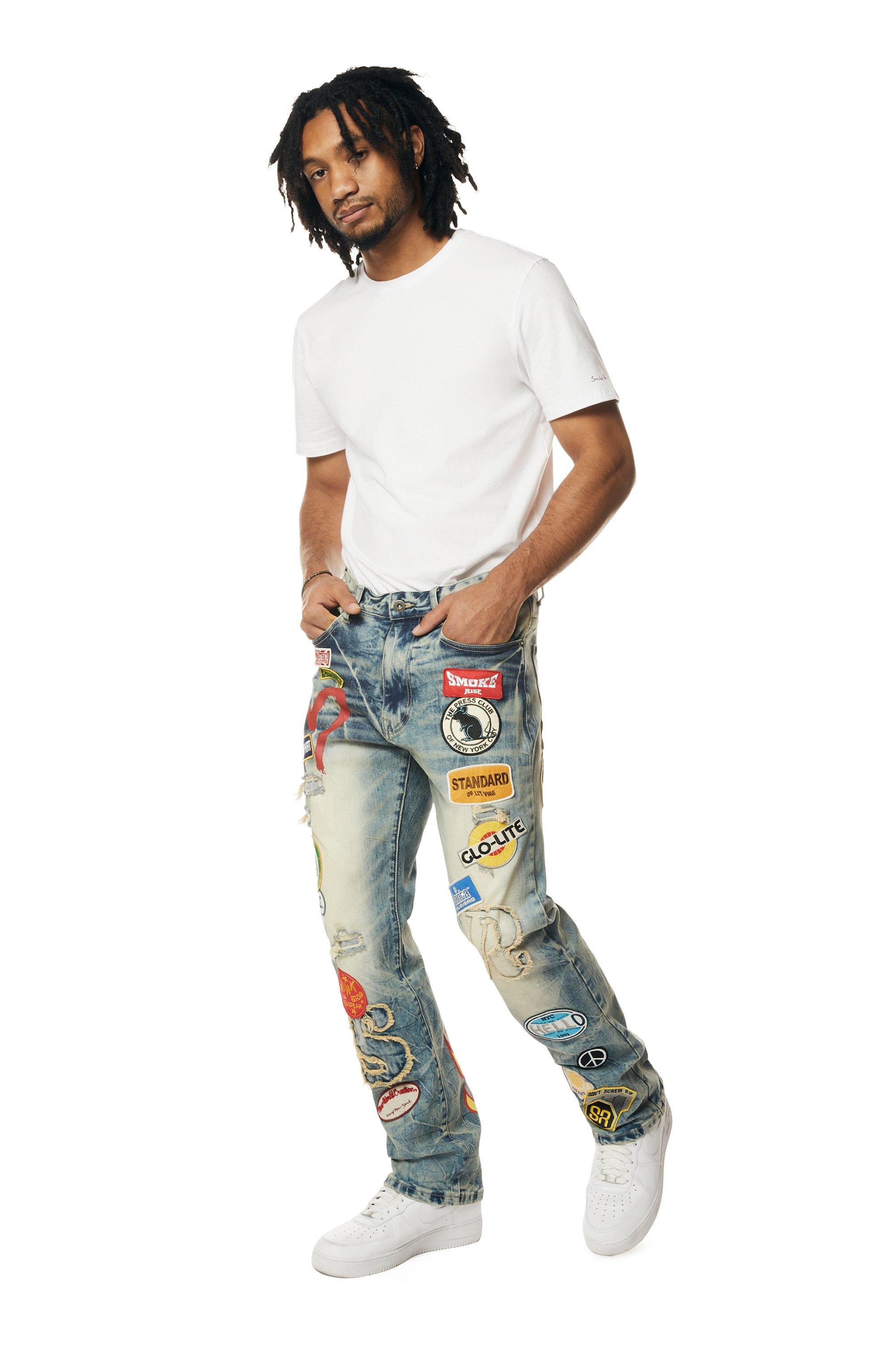 Smoke Rise Men's Multi Embossed Patched Straight Fit Denim Jeans - Metro Blue - BLUE Thumbnail View 4