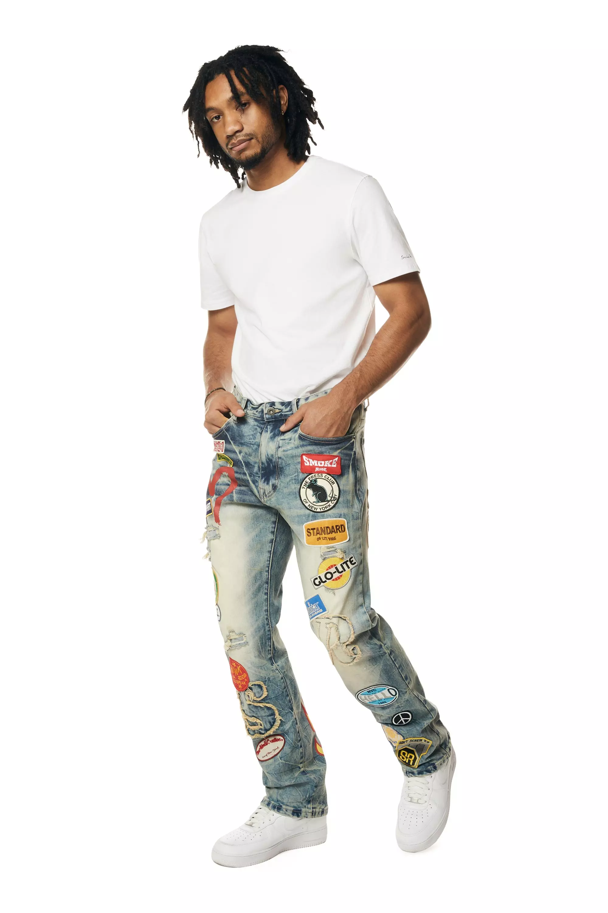 Smoke Rise Men's Multi Embossed Patched Straight Fit Denim Jeans - Metro Blue - BLUE