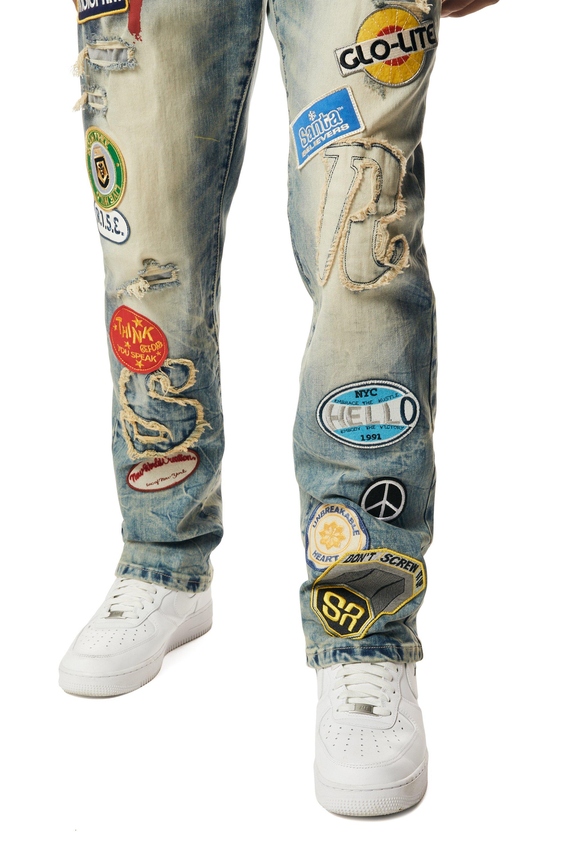 Smoke Rise Men's Multi Embossed Patched Straight Fit Denim Jeans - Metro Blue - BLUE Thumbnail View 5