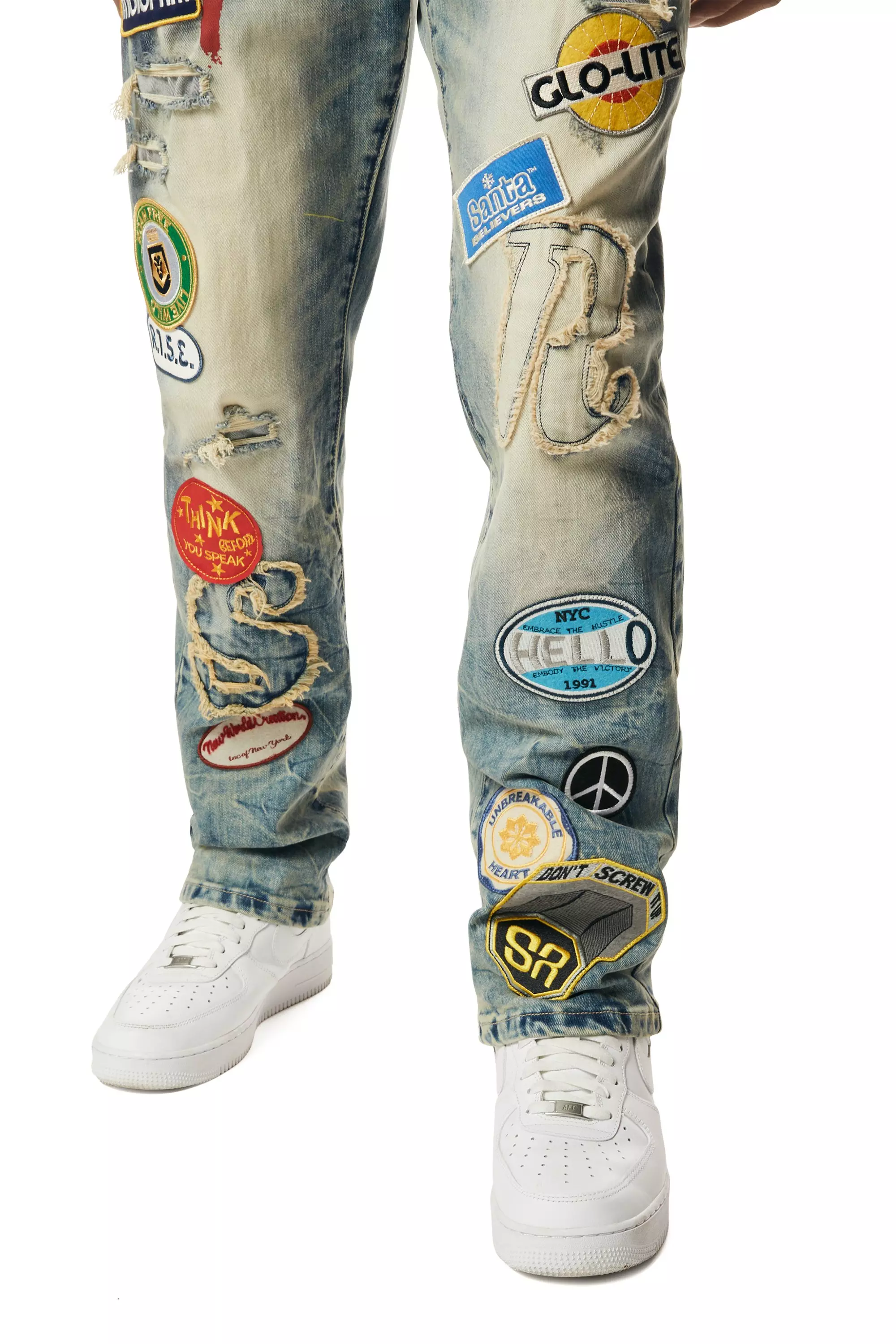 Smoke Rise Men's Multi Embossed Patched Straight Fit Denim Jeans - Metro Blue - BLUE