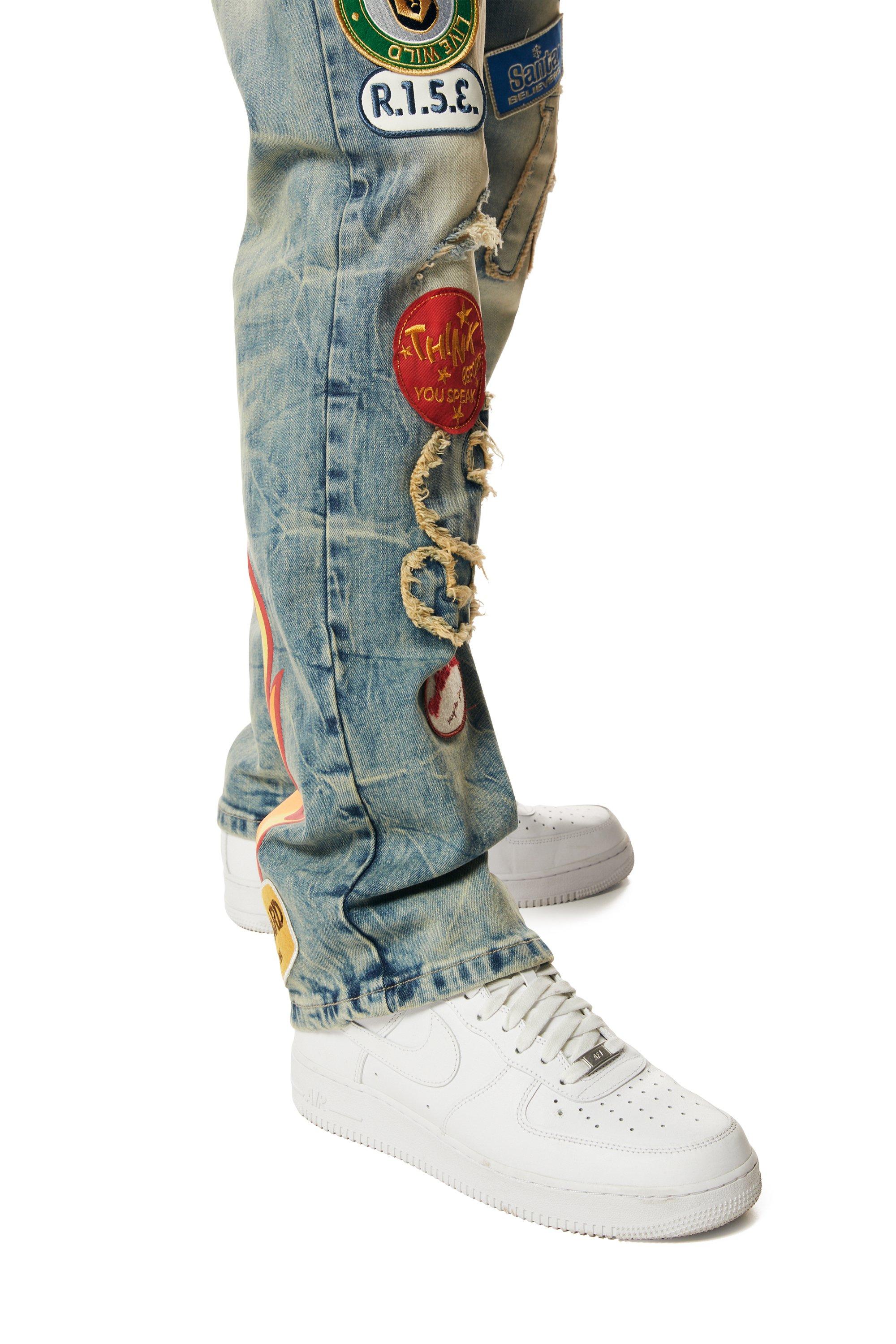 Smoke Rise Men's Multi Embossed Patched Straight Fit Denim Jeans - Metro Blue - BLUE Thumbnail View 6