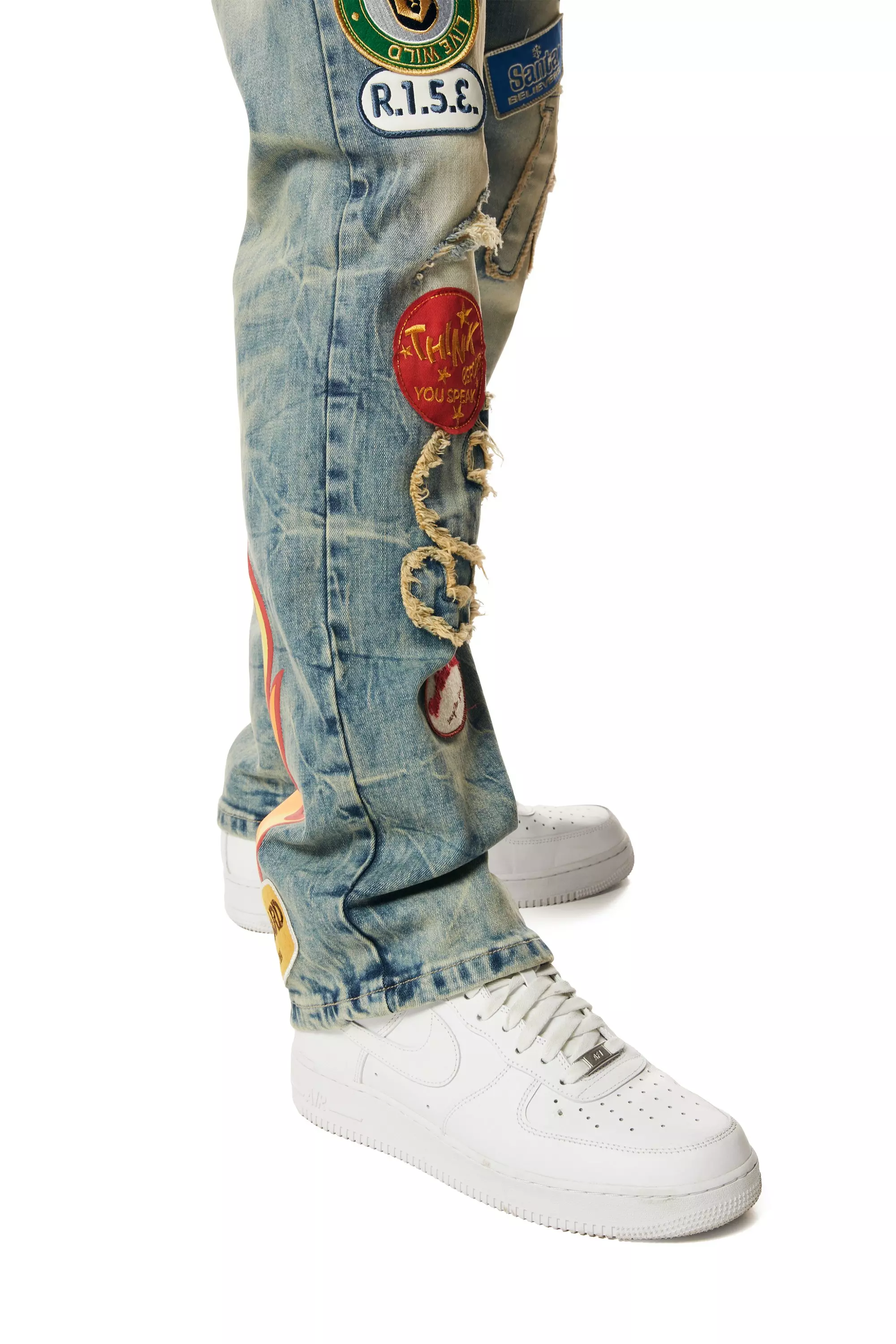 Smoke Rise Men's Multi Embossed Patched Straight Fit Denim Jeans - Metro Blue - BLUE