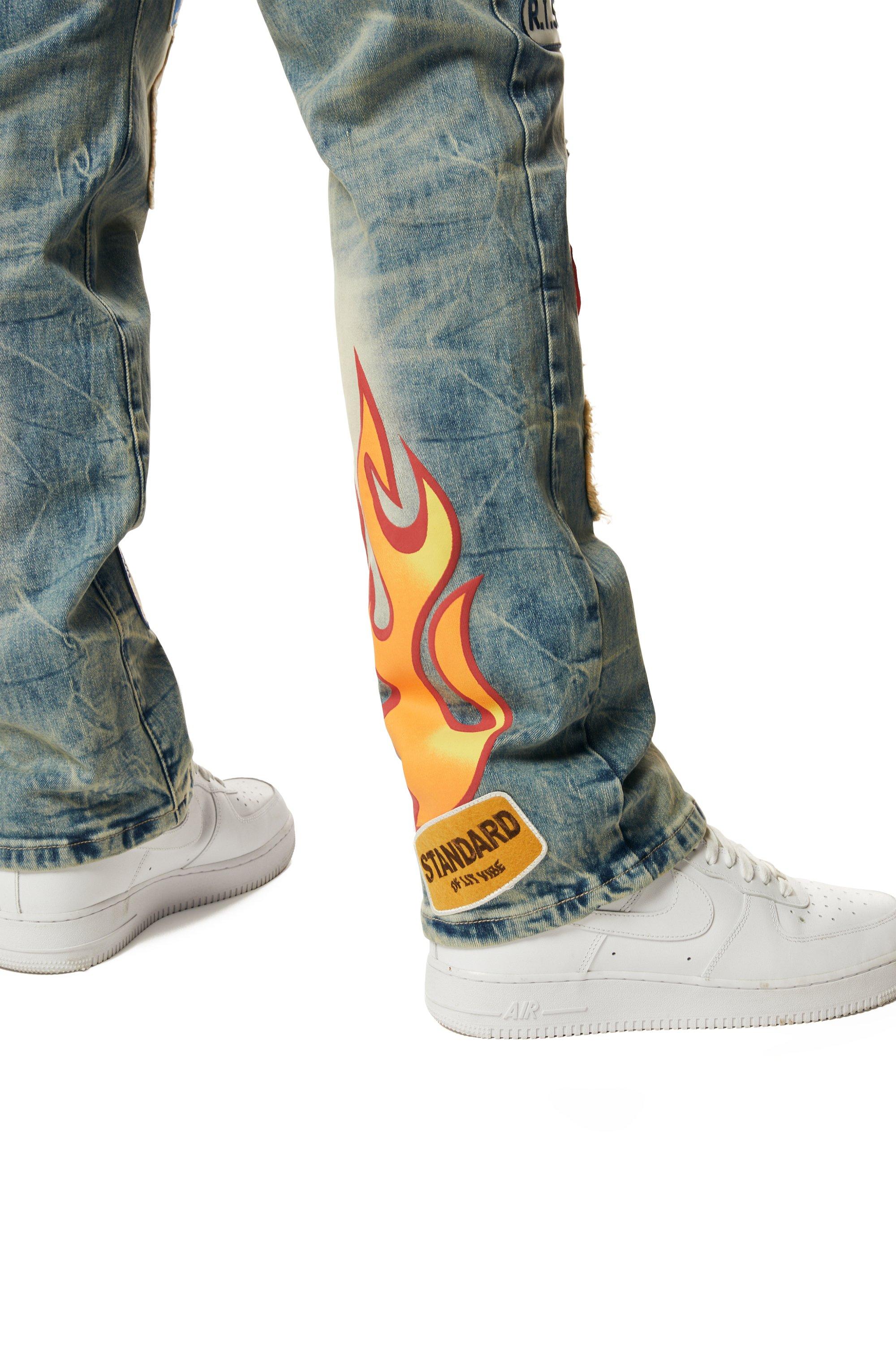 Smoke Rise Men's Multi Embossed Patched Straight Fit Denim Jeans - Metro Blue - BLUE Thumbnail View 7