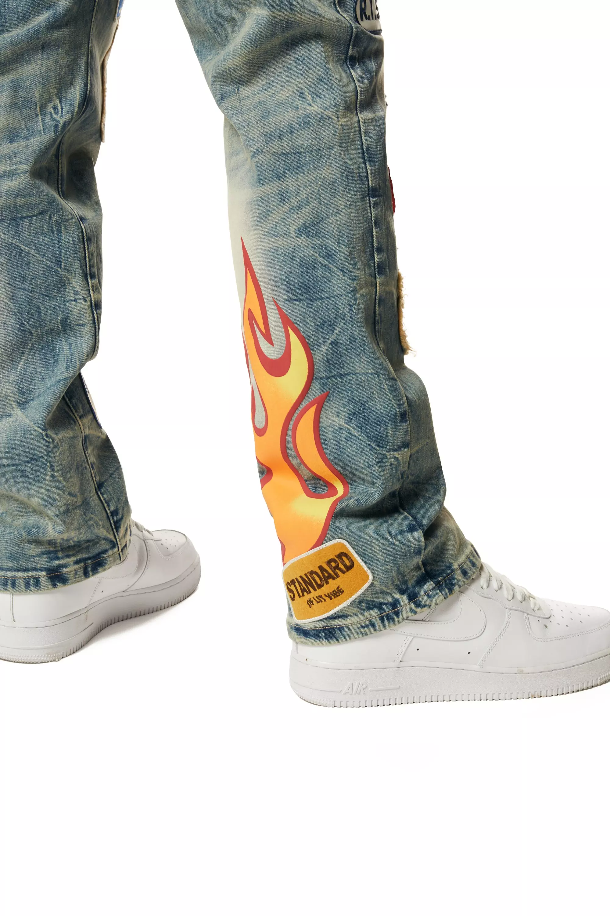 Smoke Rise Men's Multi Embossed Patched Straight Fit Denim Jeans - Metro Blue - BLUE