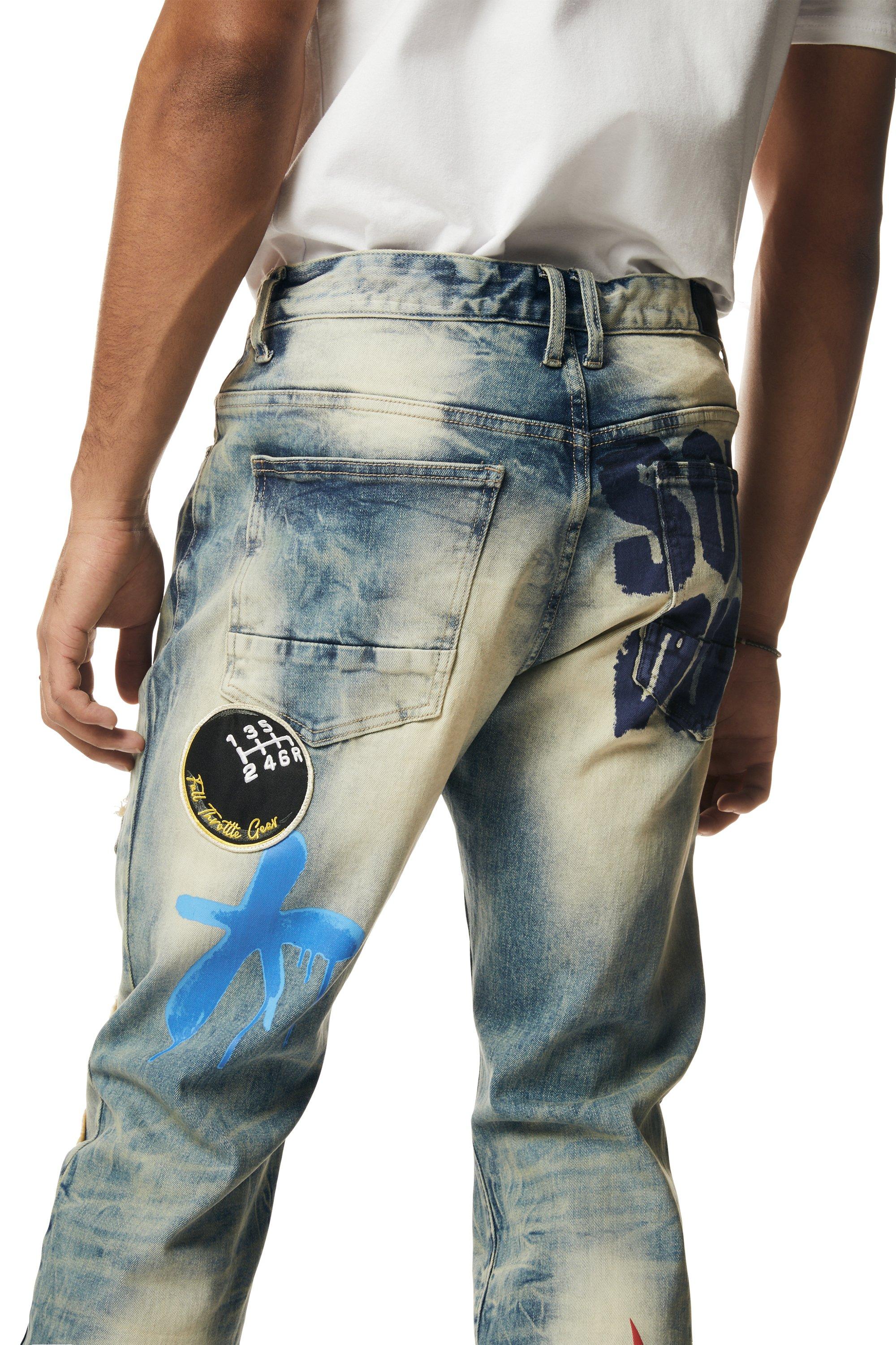 Smoke Rise Men's Multi Embossed Patched Straight Fit Denim Jeans - Metro Blue - BLUE Thumbnail View 8