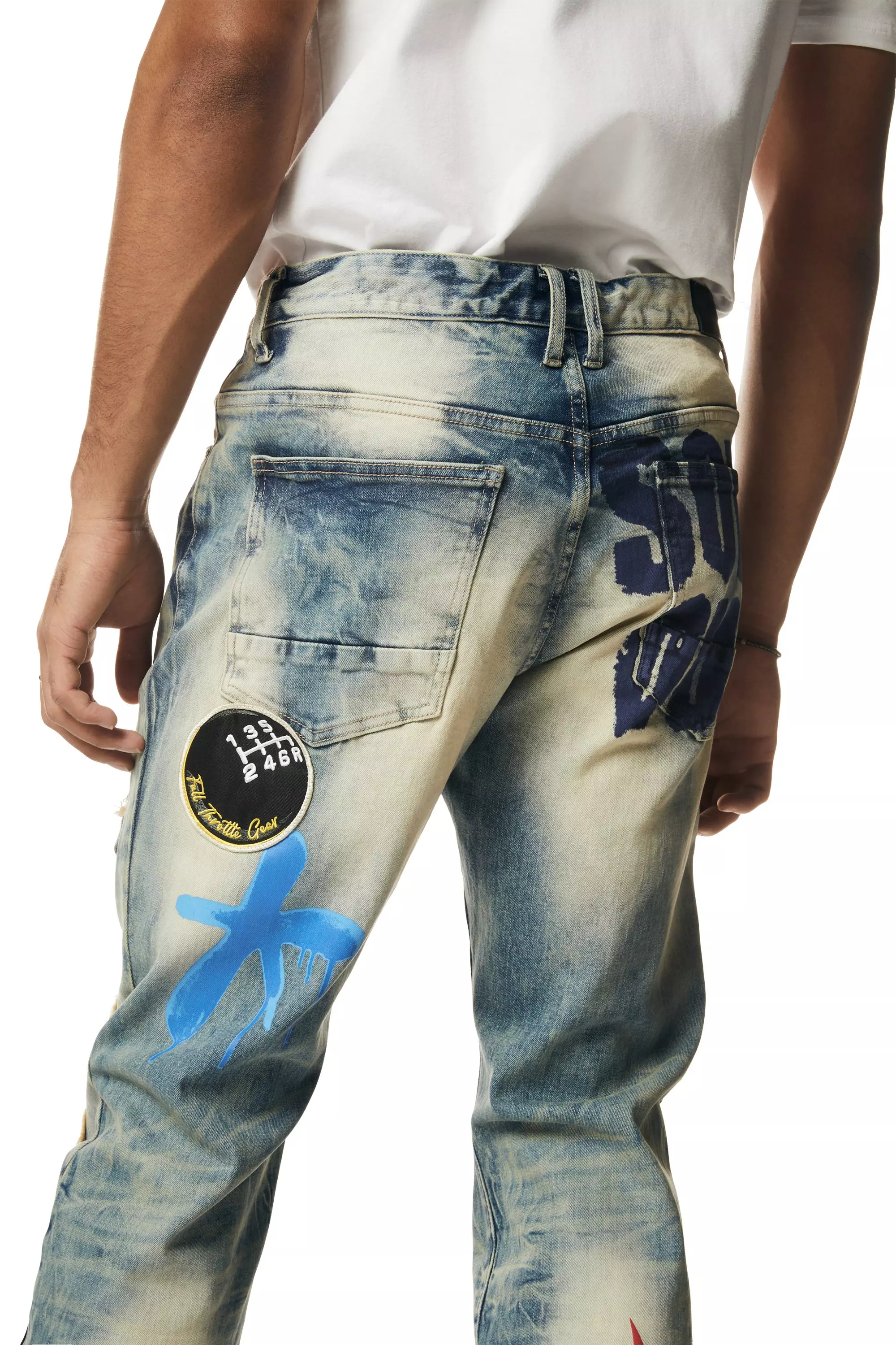 Smoke Rise Men's Multi Embossed Patched Straight Fit Denim Jeans - Metro Blue - BLUE