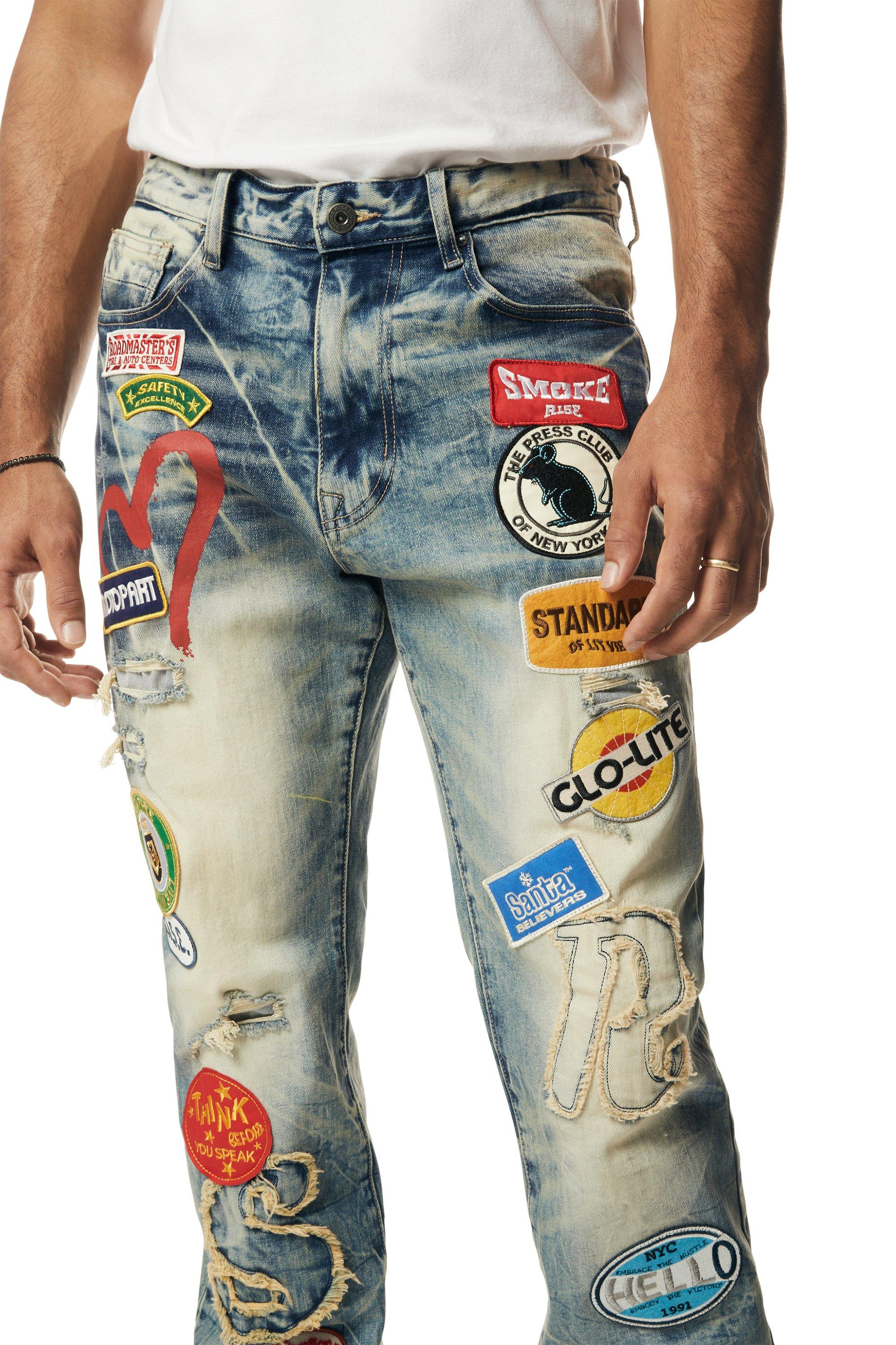 Smoke Rise Men's Multi Embossed Patched Straight Fit Denim Jeans - Metro Blue - BLUE Thumbnail View 9