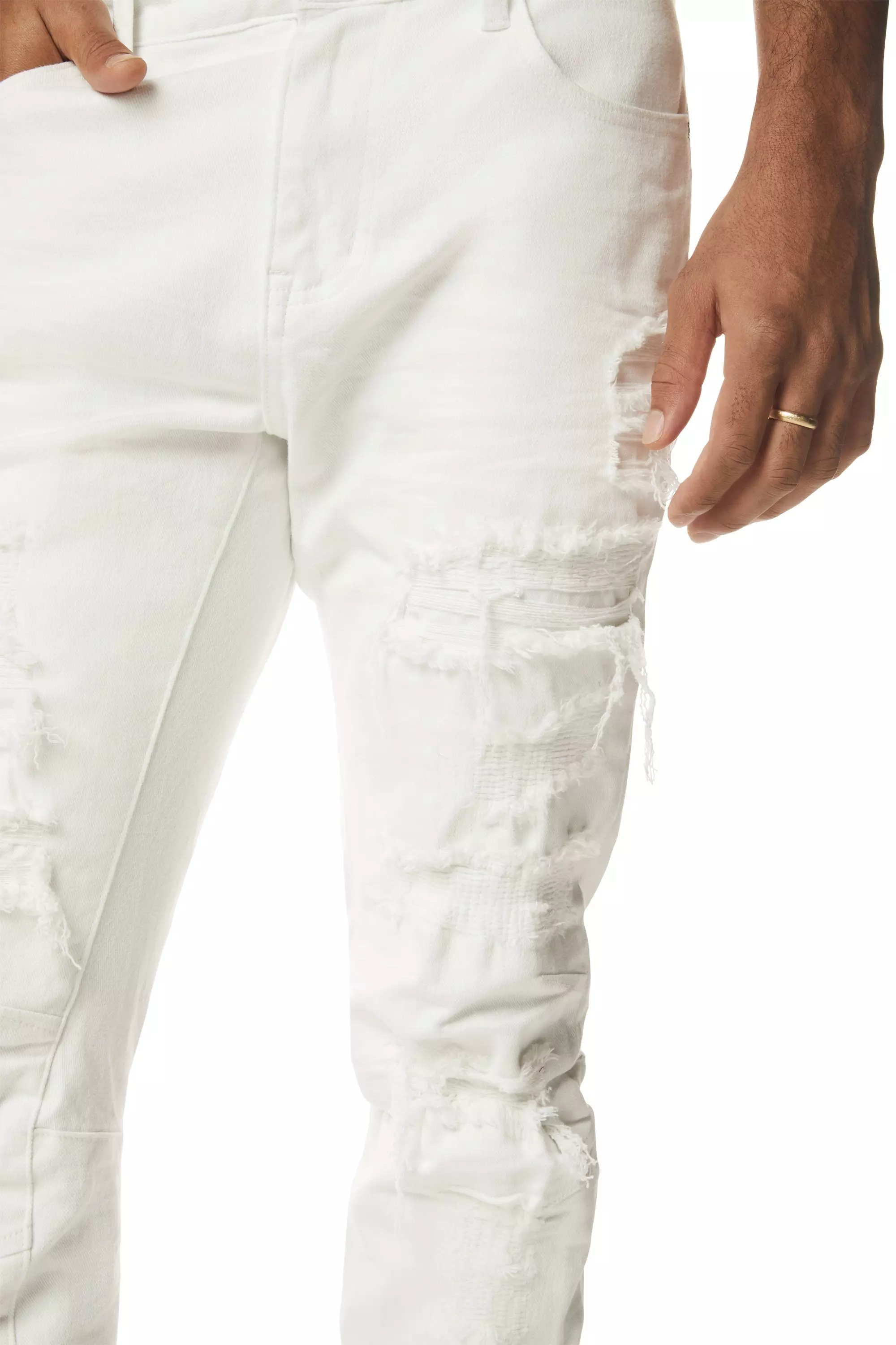Smoke Rise Men's Essentials Rip & Repair Slim Fit Denim Jeans - White - WHITE
