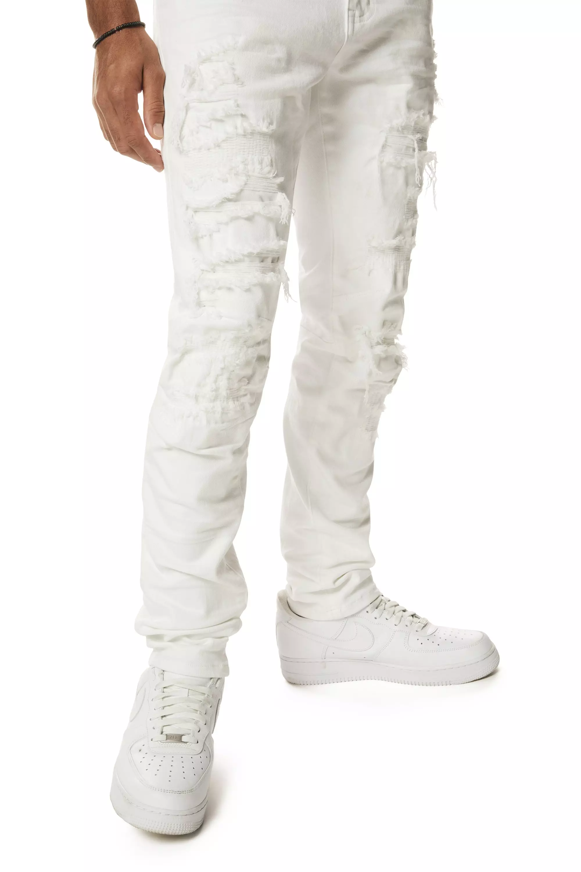 Smoke Rise Men's Essentials Rip & Repair Slim Fit Denim Jeans - White - WHITE