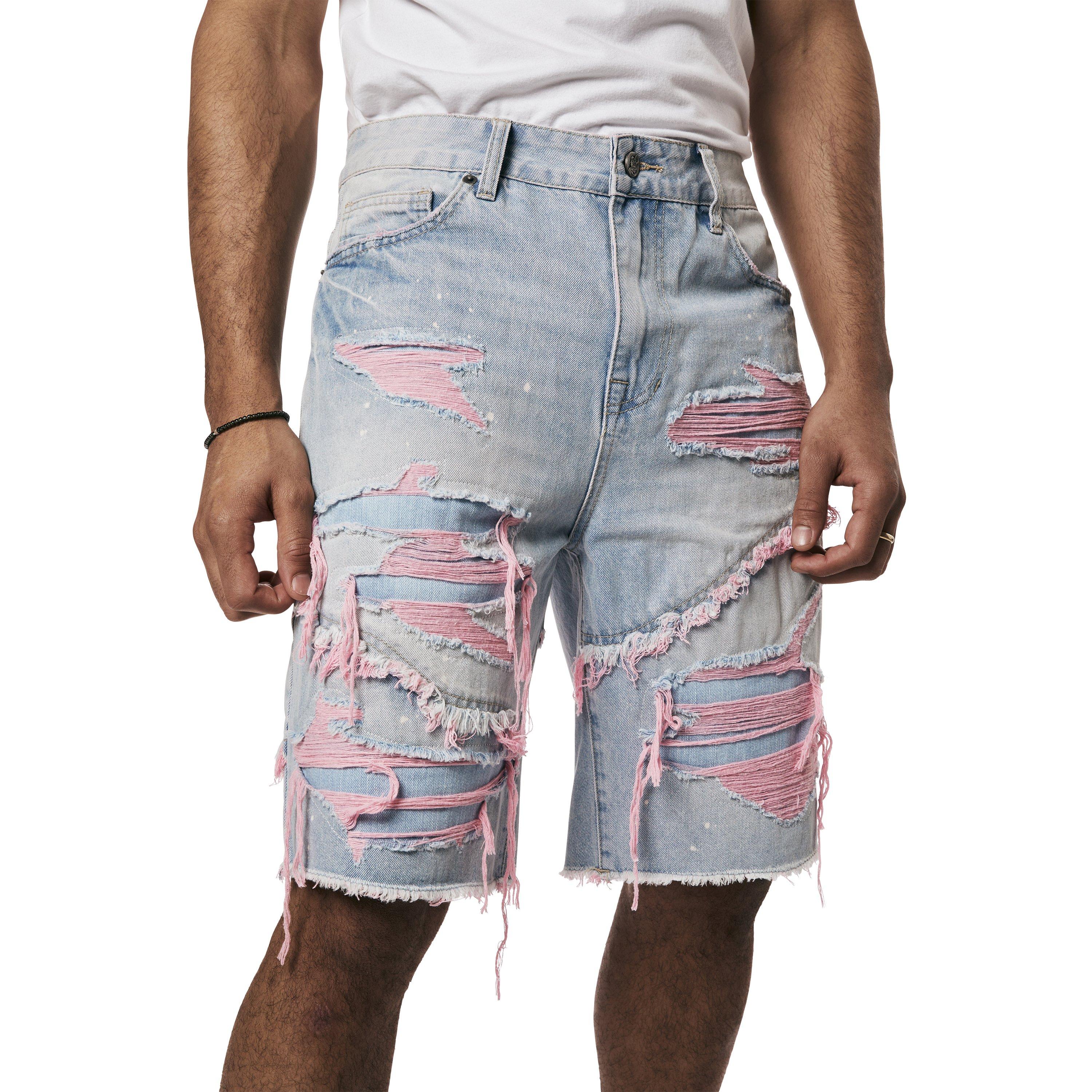 Grindhouse Men's Extreme with Pink Rips Denim Shorts Pier Blue