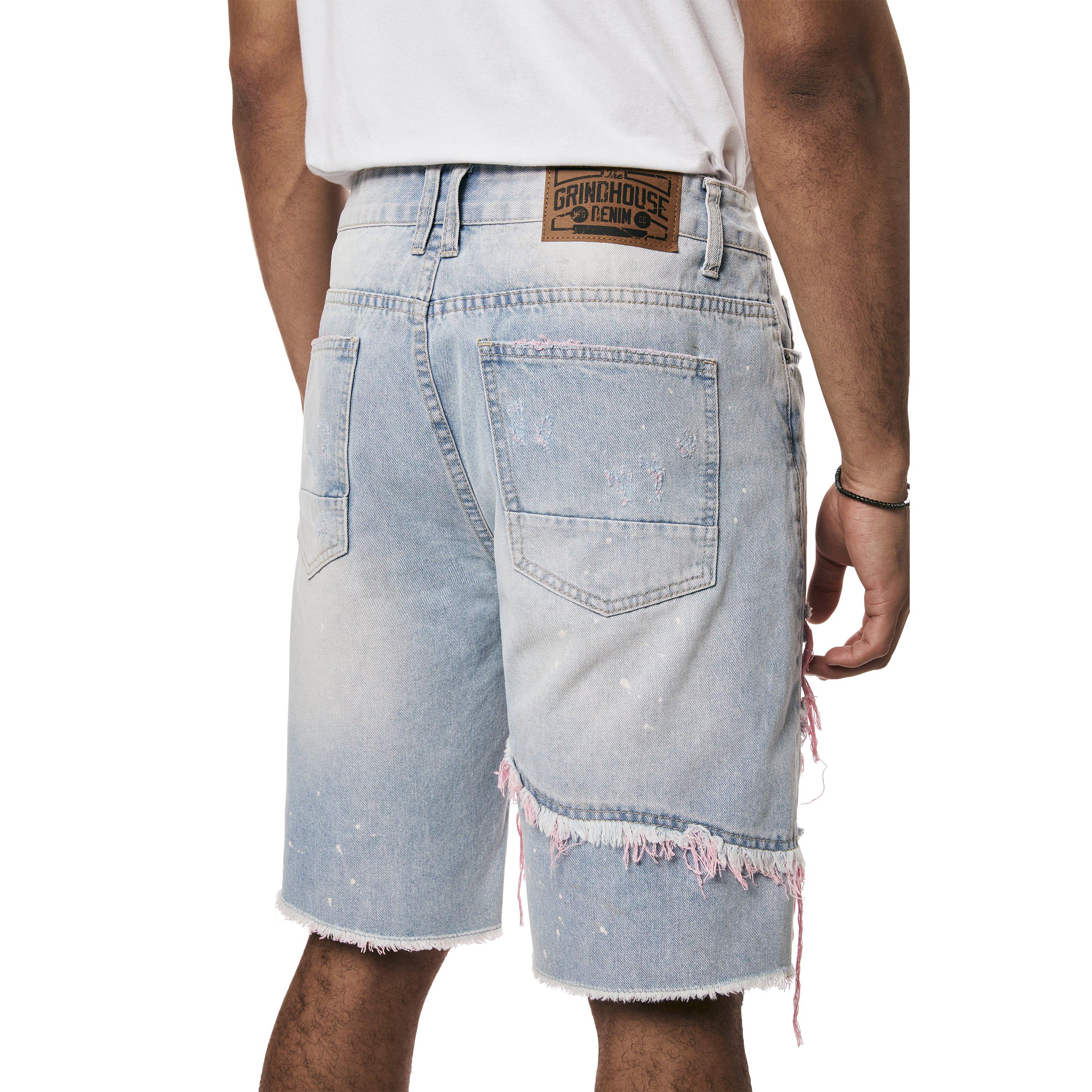 Grindhouse Extreme with Pink Rips Men's Pier Blue Denim Shorts