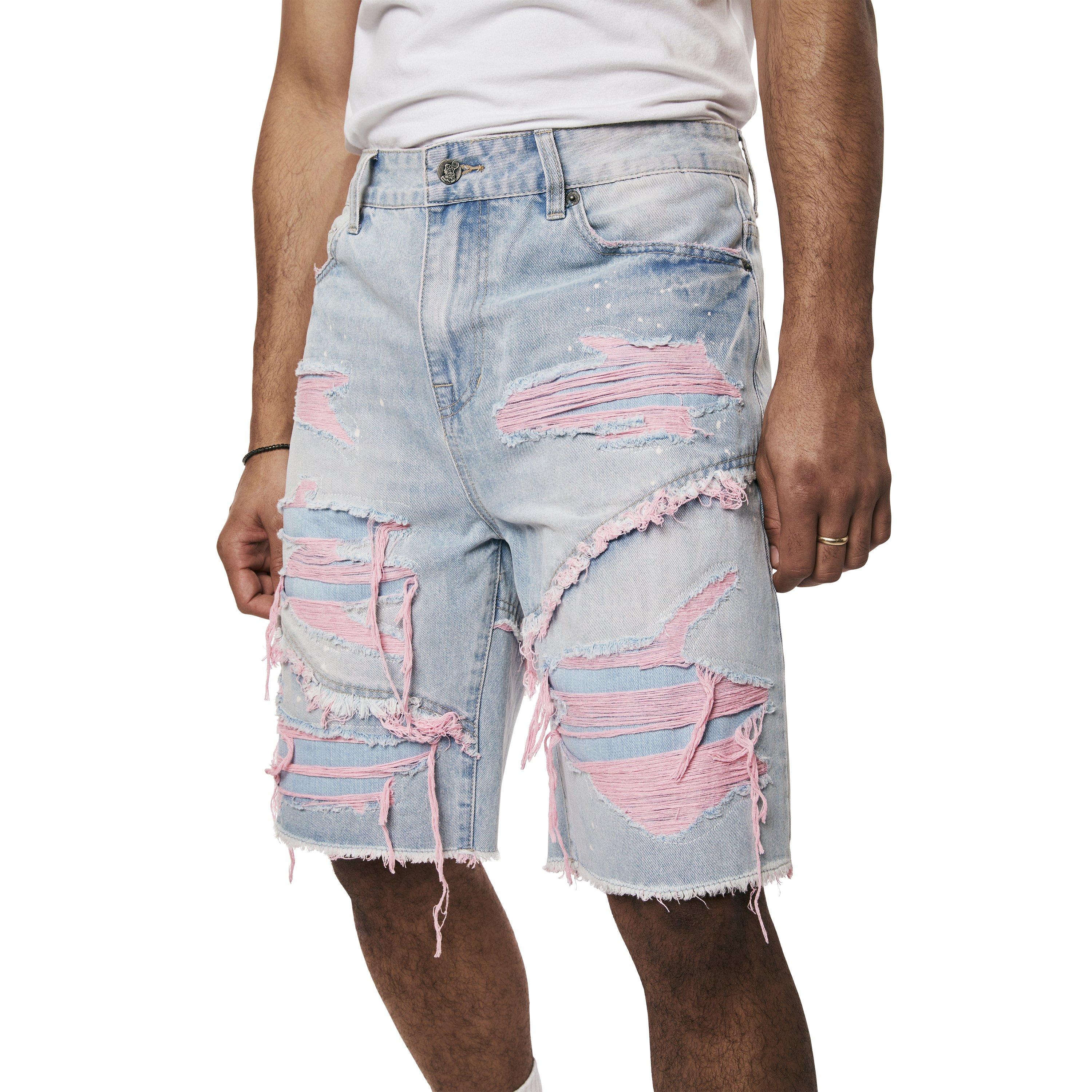 Grindhouse Extreme with Pink Rips Men's Pier Blue Denim Shorts