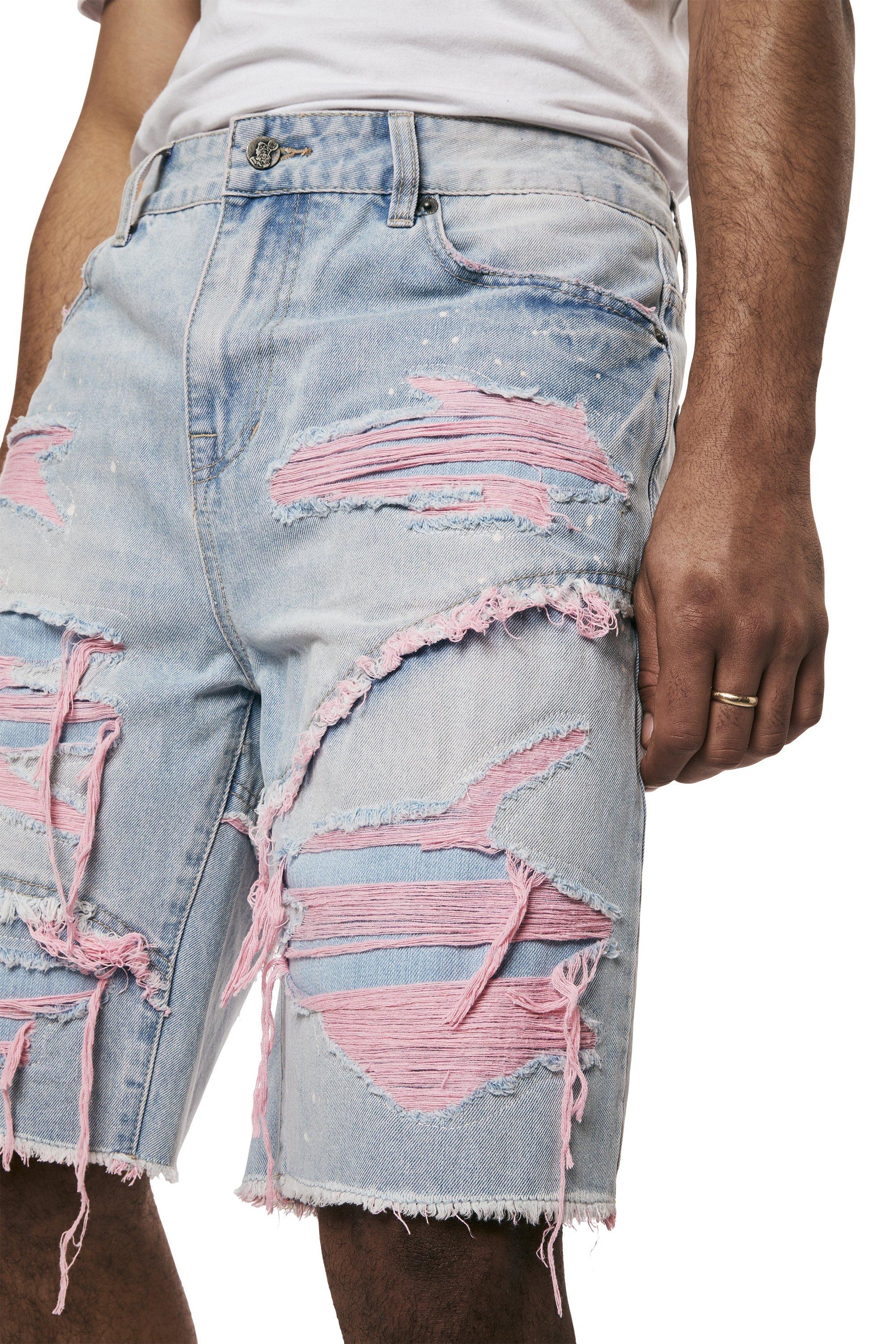 Grindhouse Extreme with Pink Rips Men's Pier Blue Denim Shorts