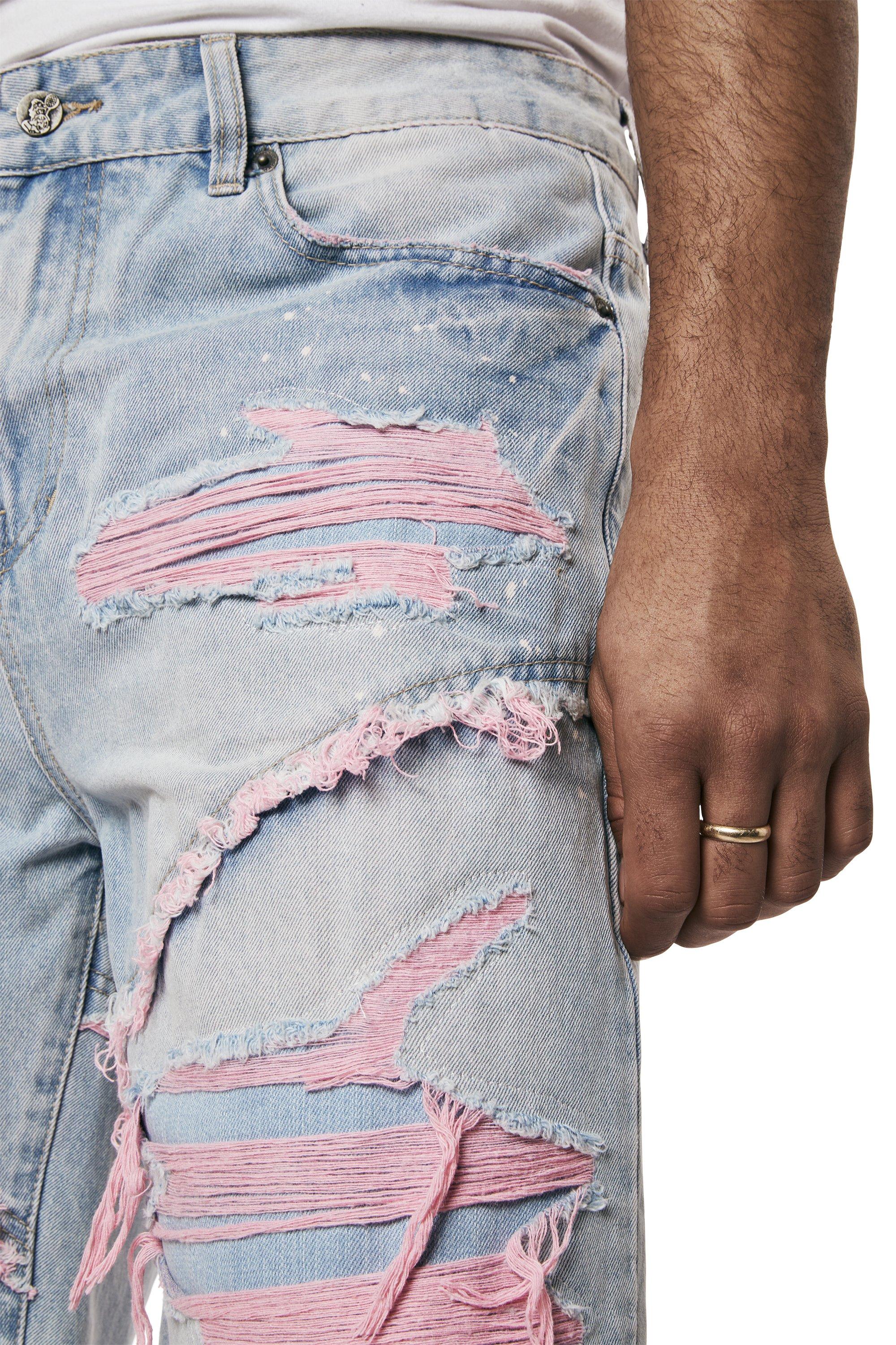 Grindhouse Extreme with Pink Rips Men's Pier Blue Denim Shorts