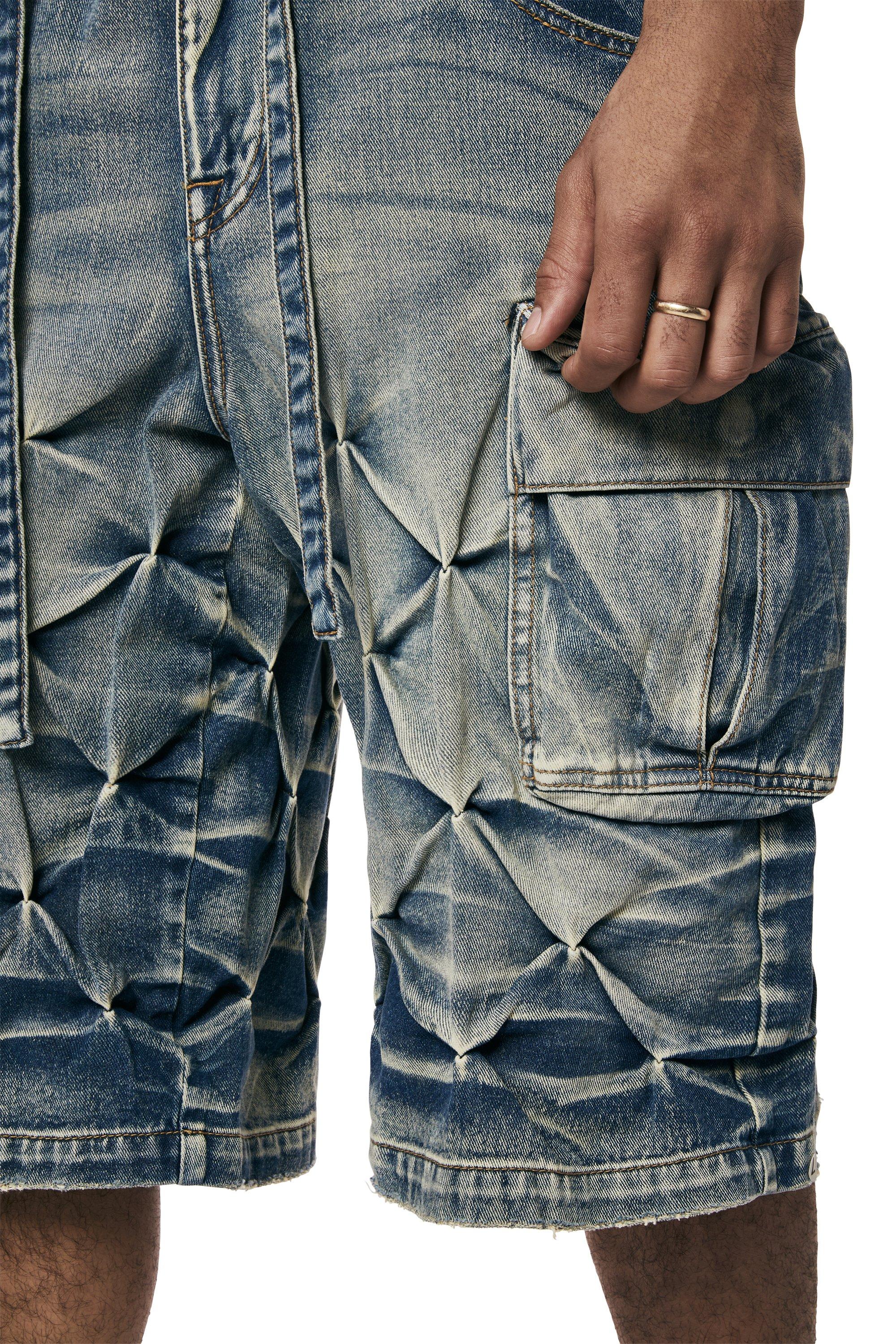 Grindhouse Men's Diamond Pinch Cargo Denim Shorts - Blue - BLUE Thumbnail View 4