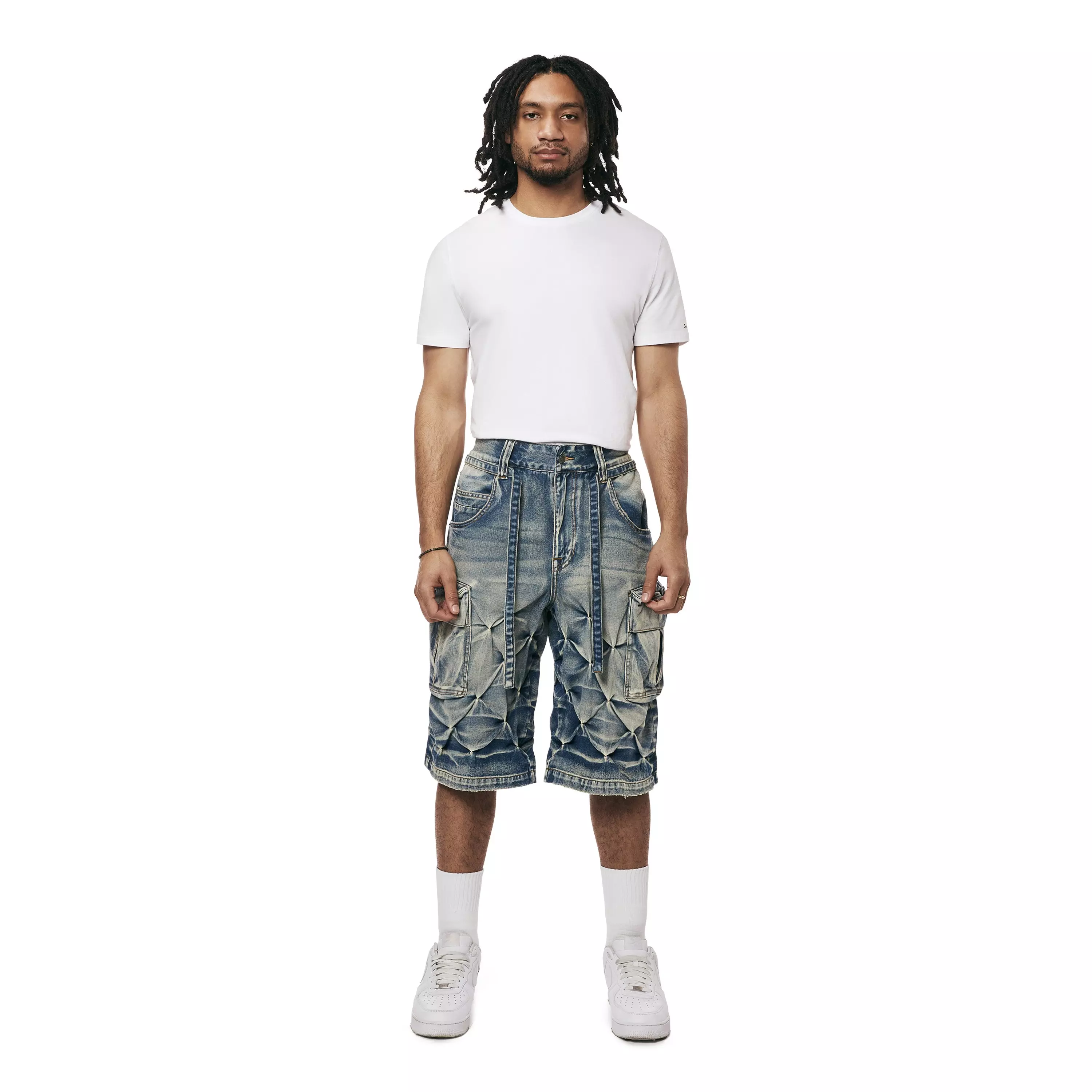 Grindhouse Men's Diamond Pinch Cargo Denim Shorts - Blue - BLUE