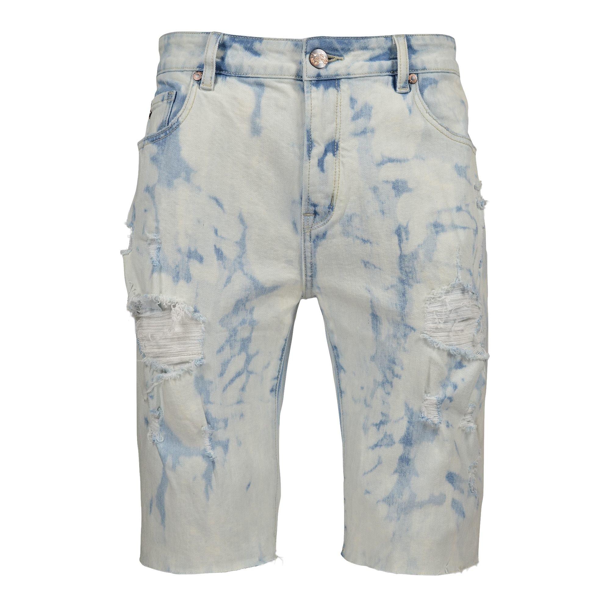 Grindhouse Men's Ice Wash Ripped Denim Shorts - BLUE