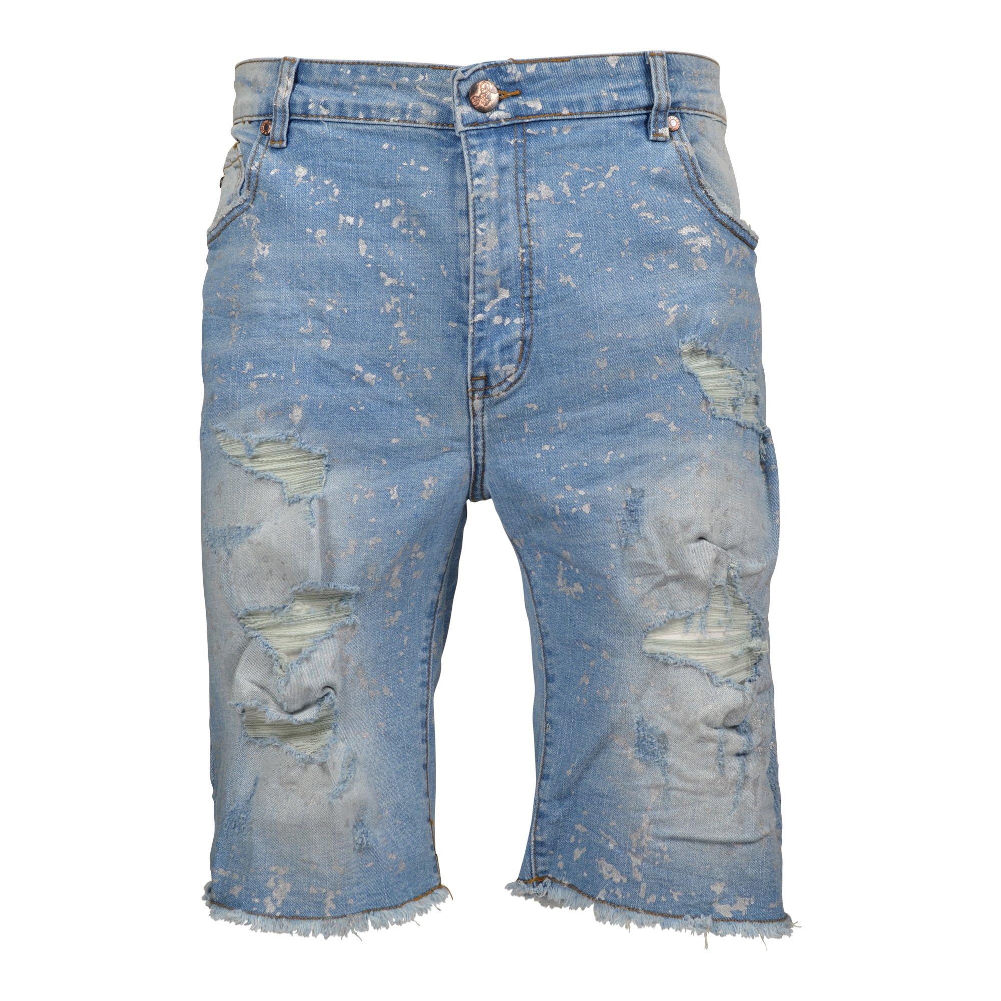 Grindhouse Men's Ripped with Metallic Flecks Denim Shorts - BLUE