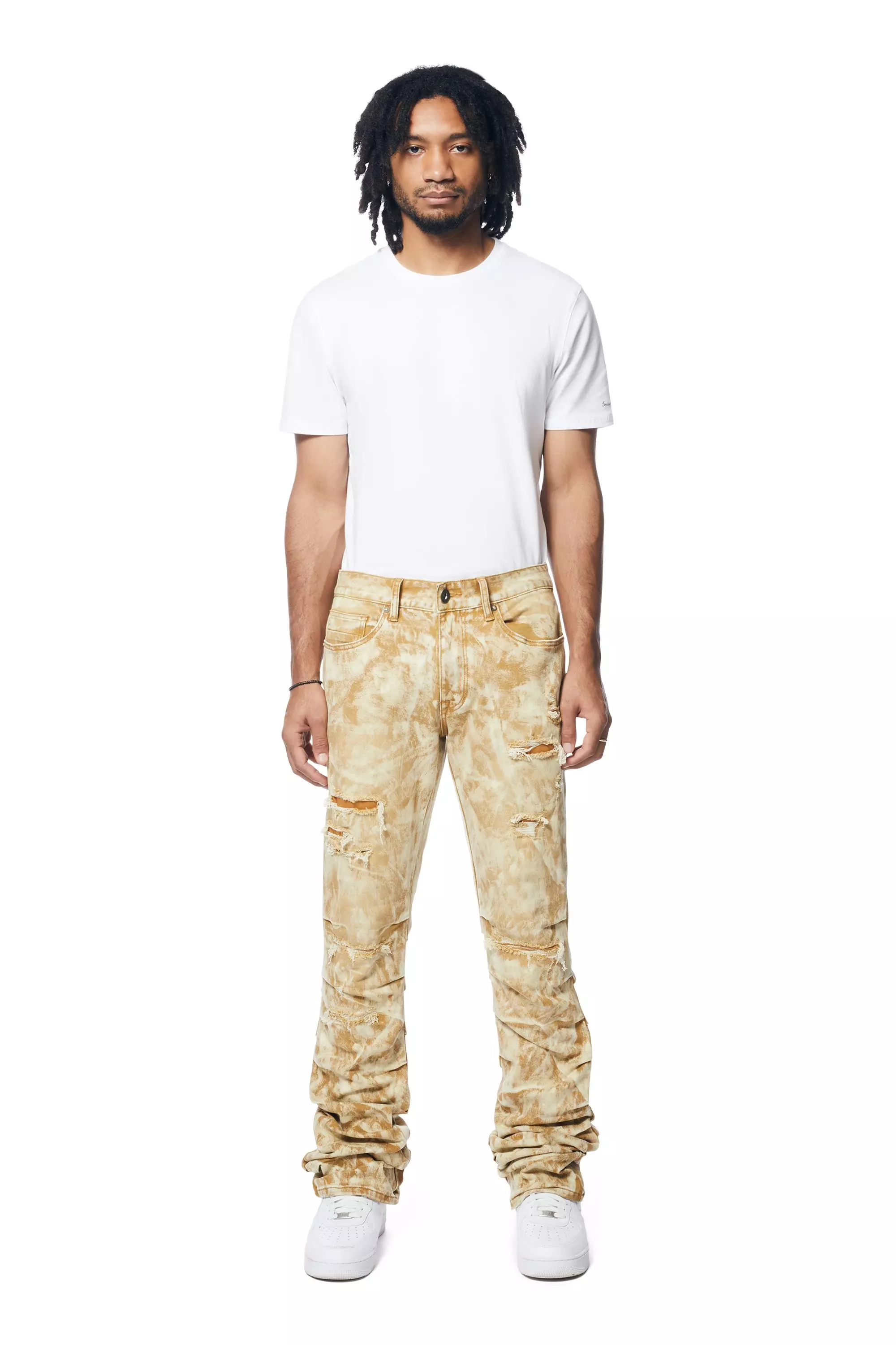 Smoke Rise Men's Lazy Stacked Slim Fit Denim Jeans - Frappe - KHAKI