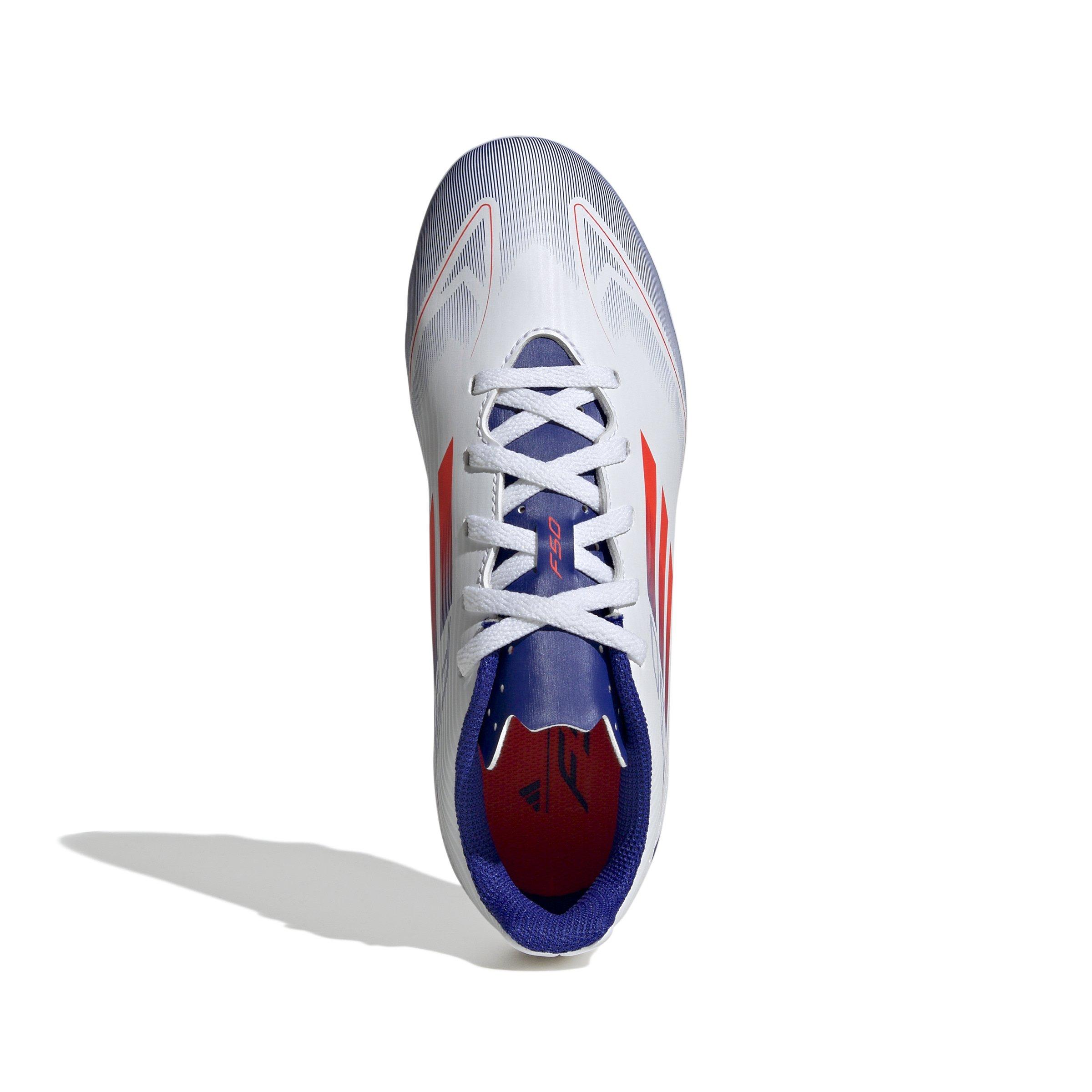 adidas F50 Club FG Grade School Kids' "Ftwr White/Solar Red/Lucid Blue" Soccer Cleat