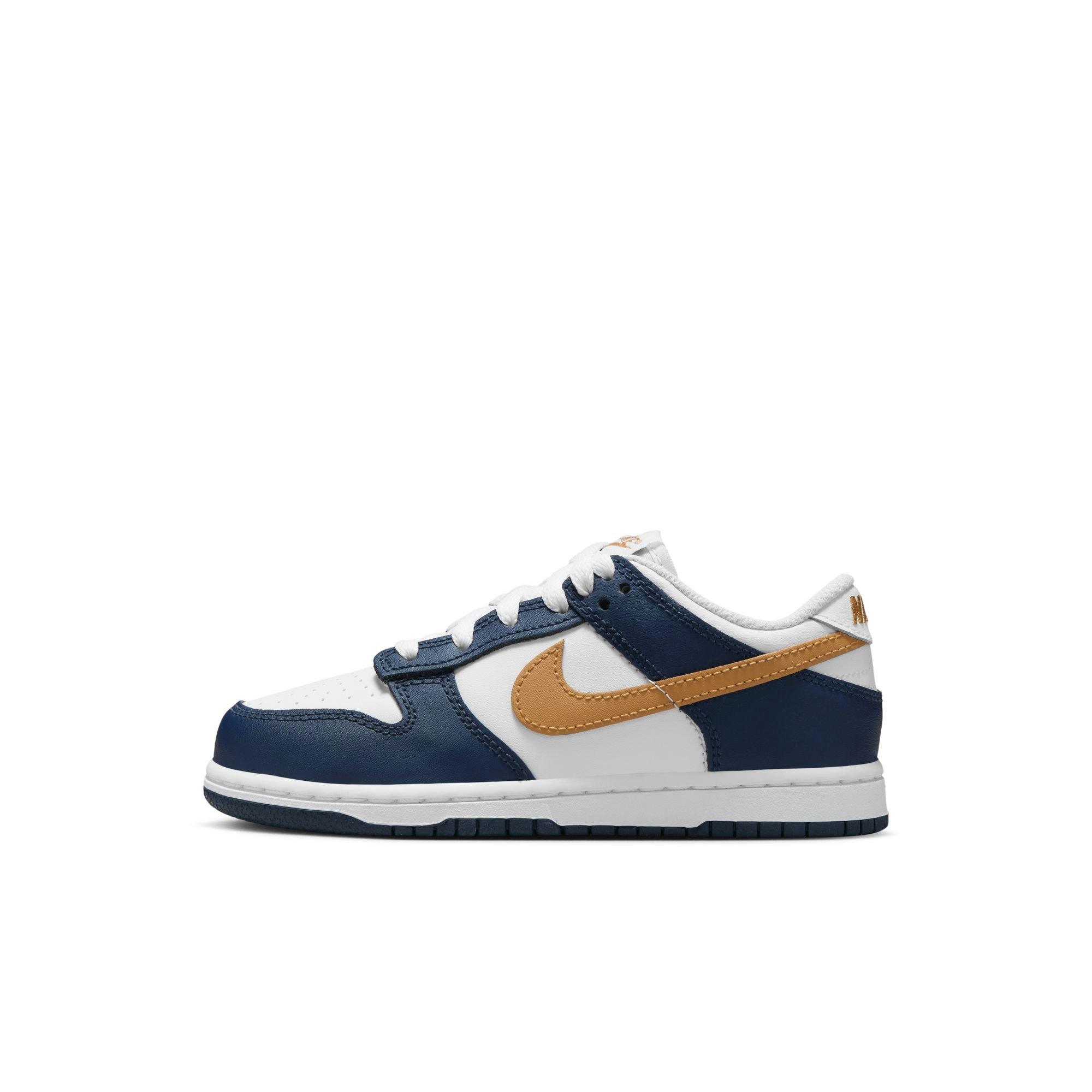 Nike Dunk Low "White/Wheat/Midnight Navy" Preschool Boys' Shoe - WHITE/NAVY/GOLD Thumbnail View 3