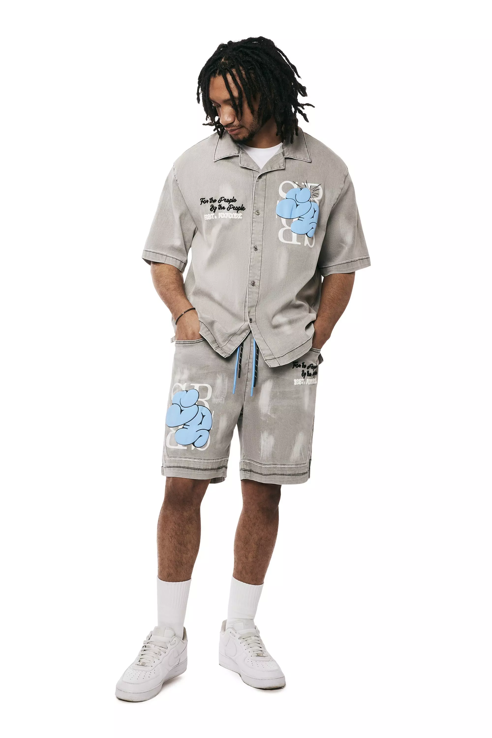 Smoke Rise Men's Puff Print Denim Shorts - GREY