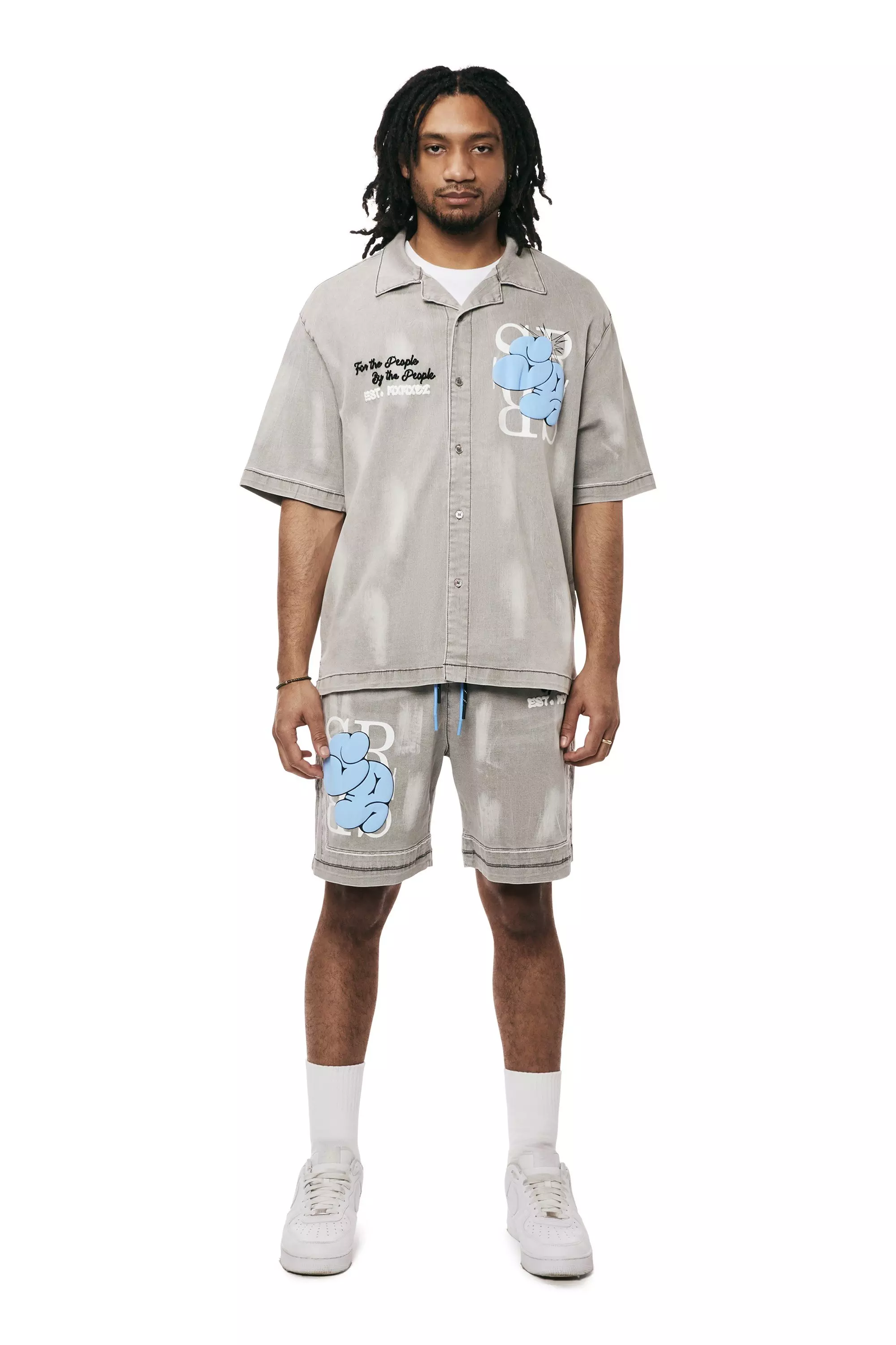 Smoke Rise Men's Puff Print Woven Denim Shirt - GREY