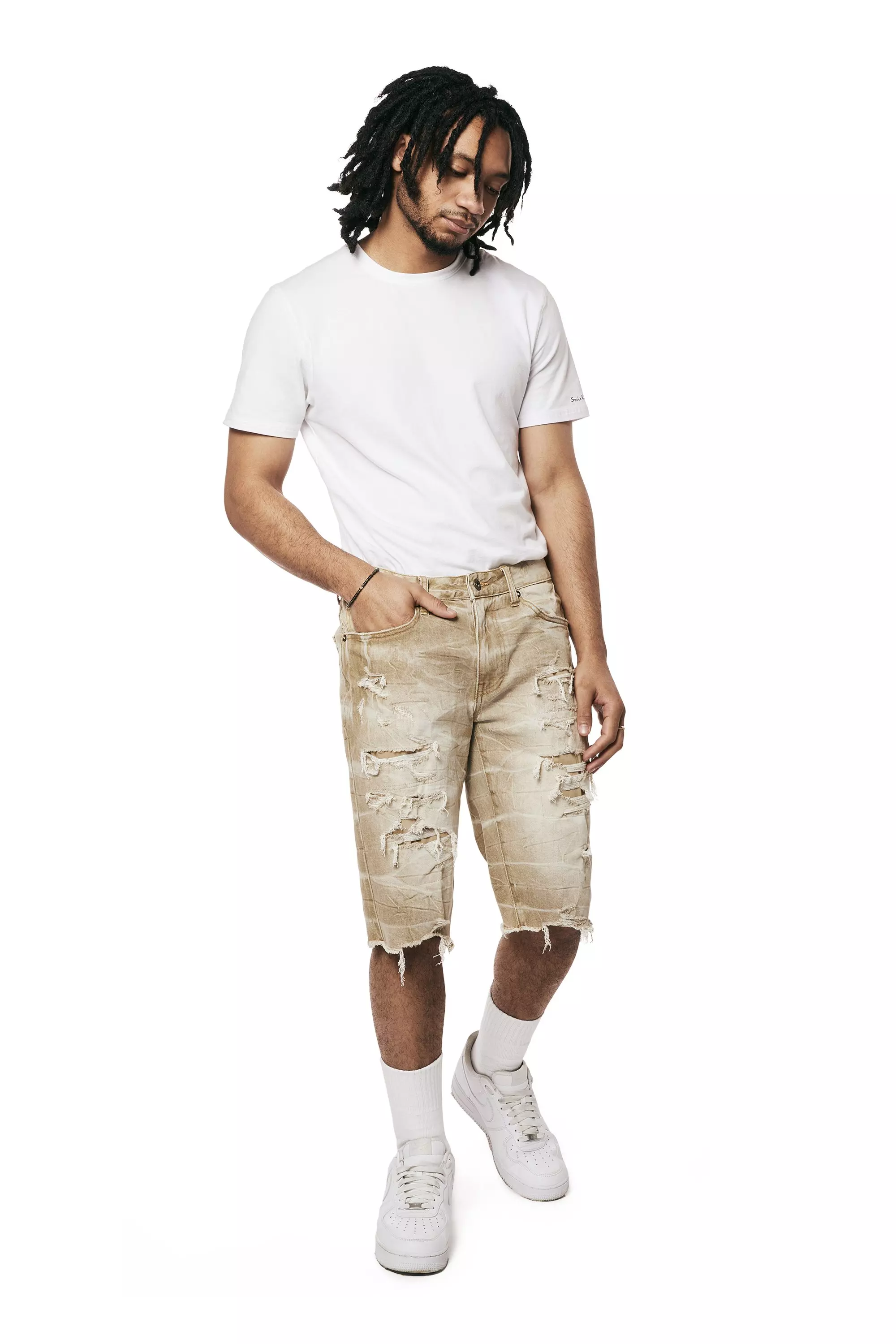 Smoke Rise Men's Rip & Repair Denim Shorts - Tan - TAN