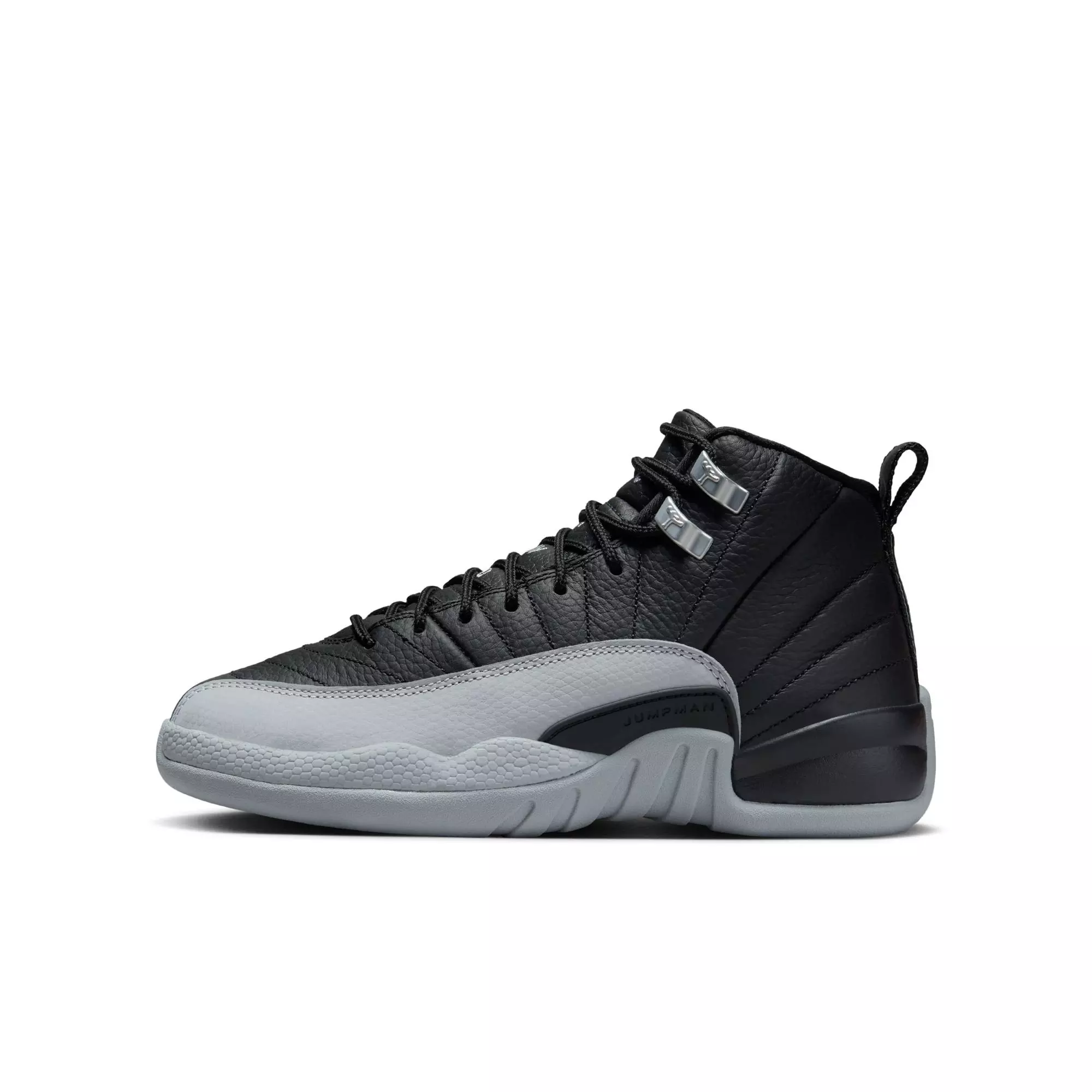 Jordan 12 Retro "Black and Wolf Grey" Grade School Kids' Shoe - BLACK/WOLF GREY/WHITE