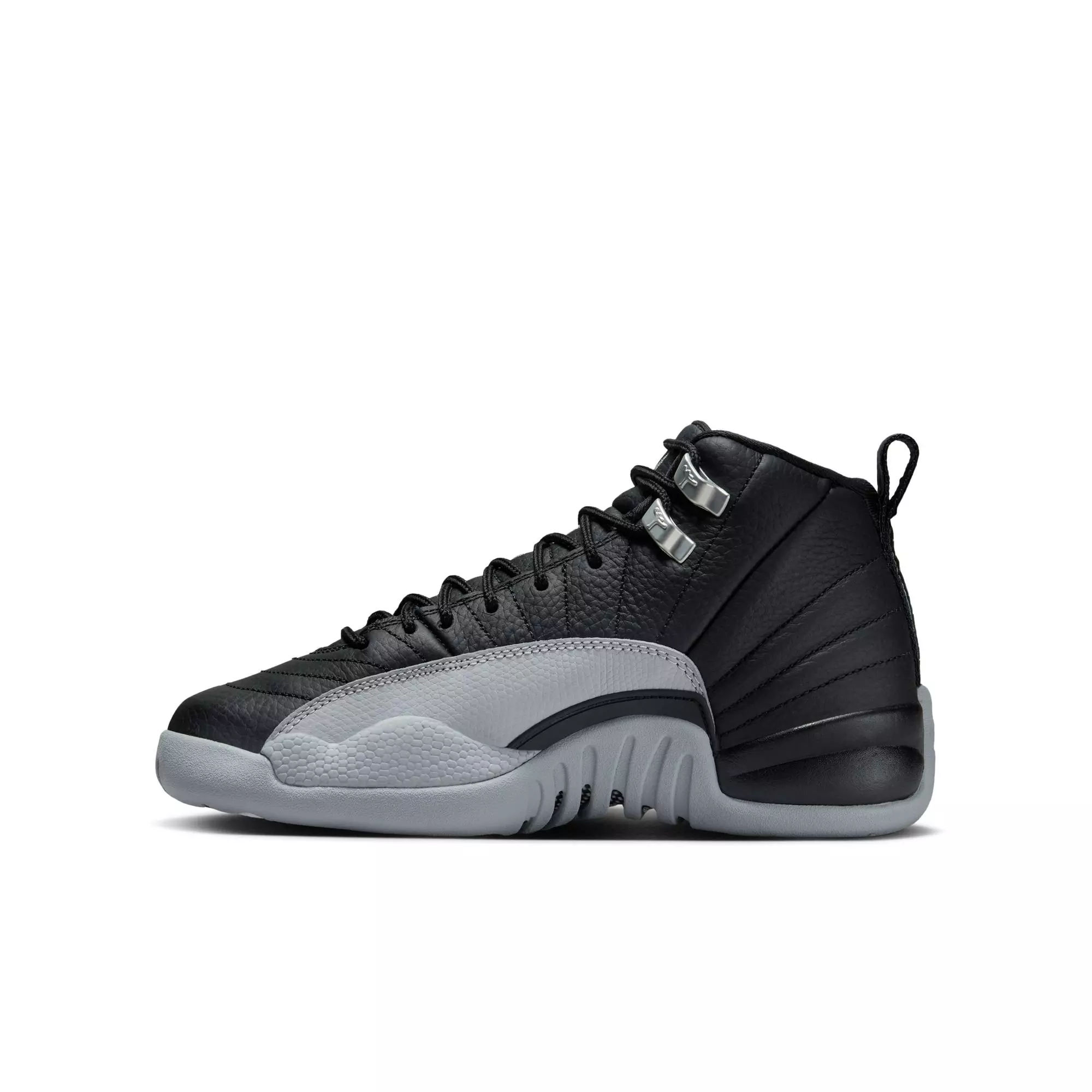Jordan 12 Retro "Black and Wolf Grey" Grade School Kids' Shoe - BLACK/WOLF GREY/WHITE