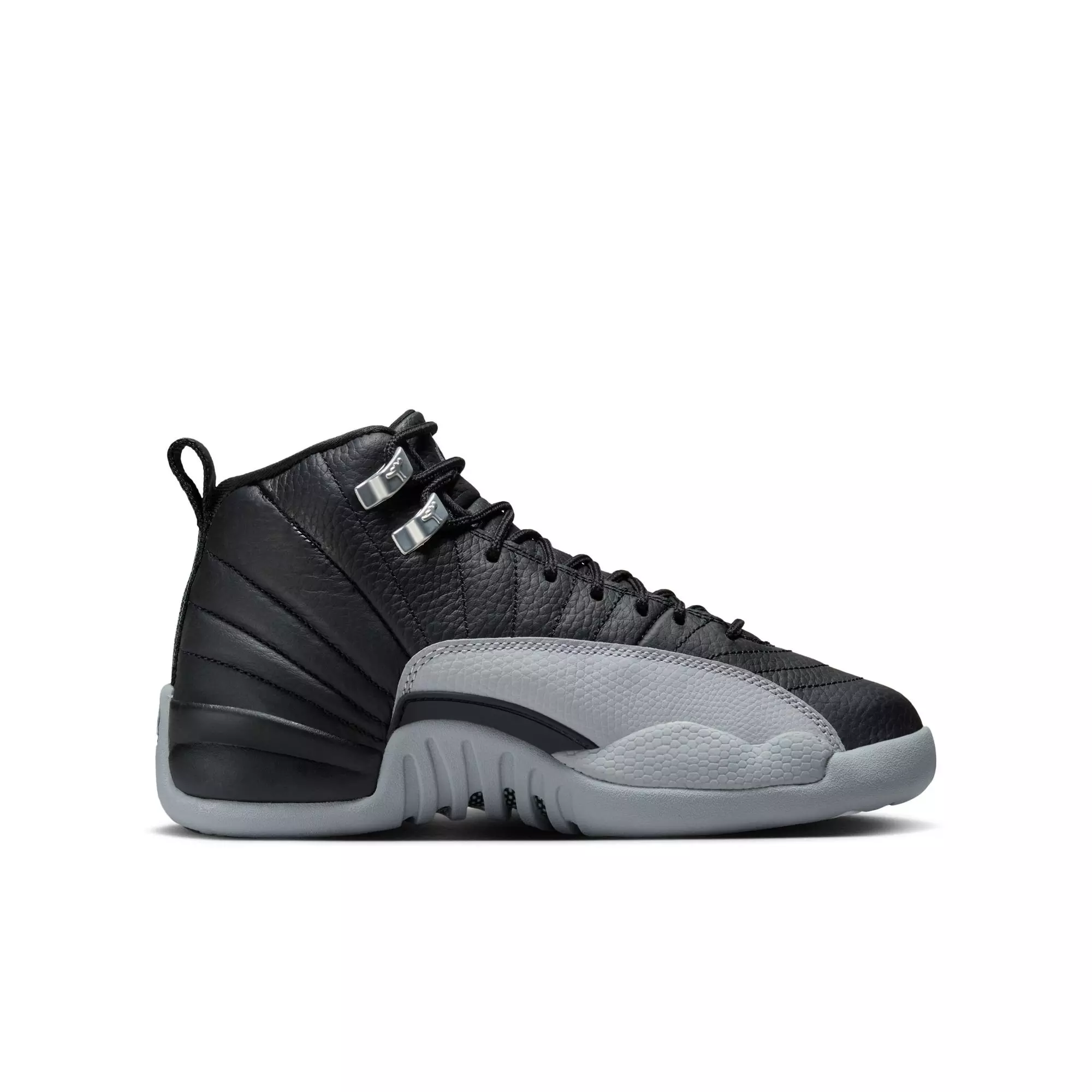 Jordan 12 Retro "Black and Wolf Grey" Grade School Kids' Shoe - BLACK/WOLF GREY/WHITE