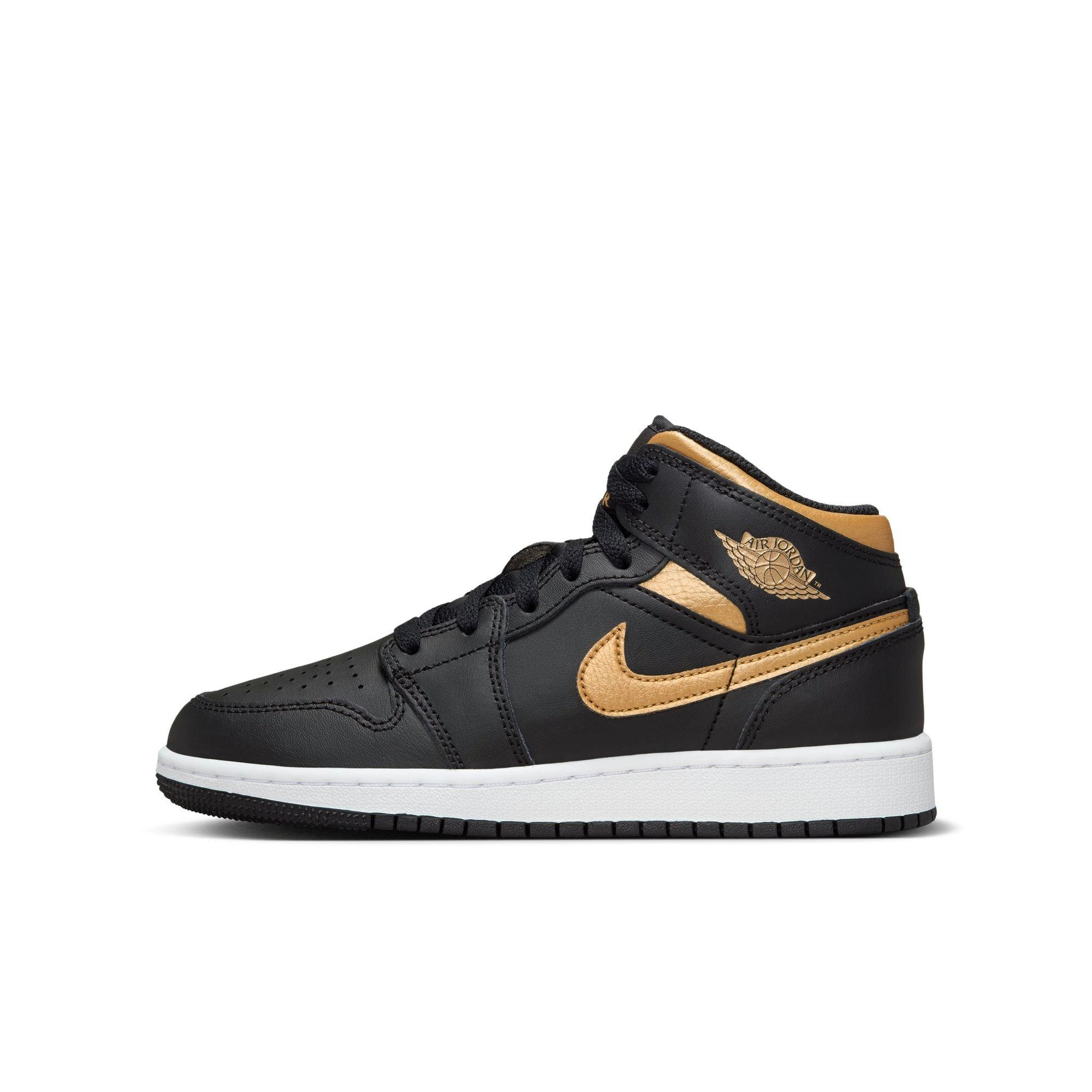 Jordan 1 Mid Grade School Boys' "Black/Metallic Gold/White" Shoe