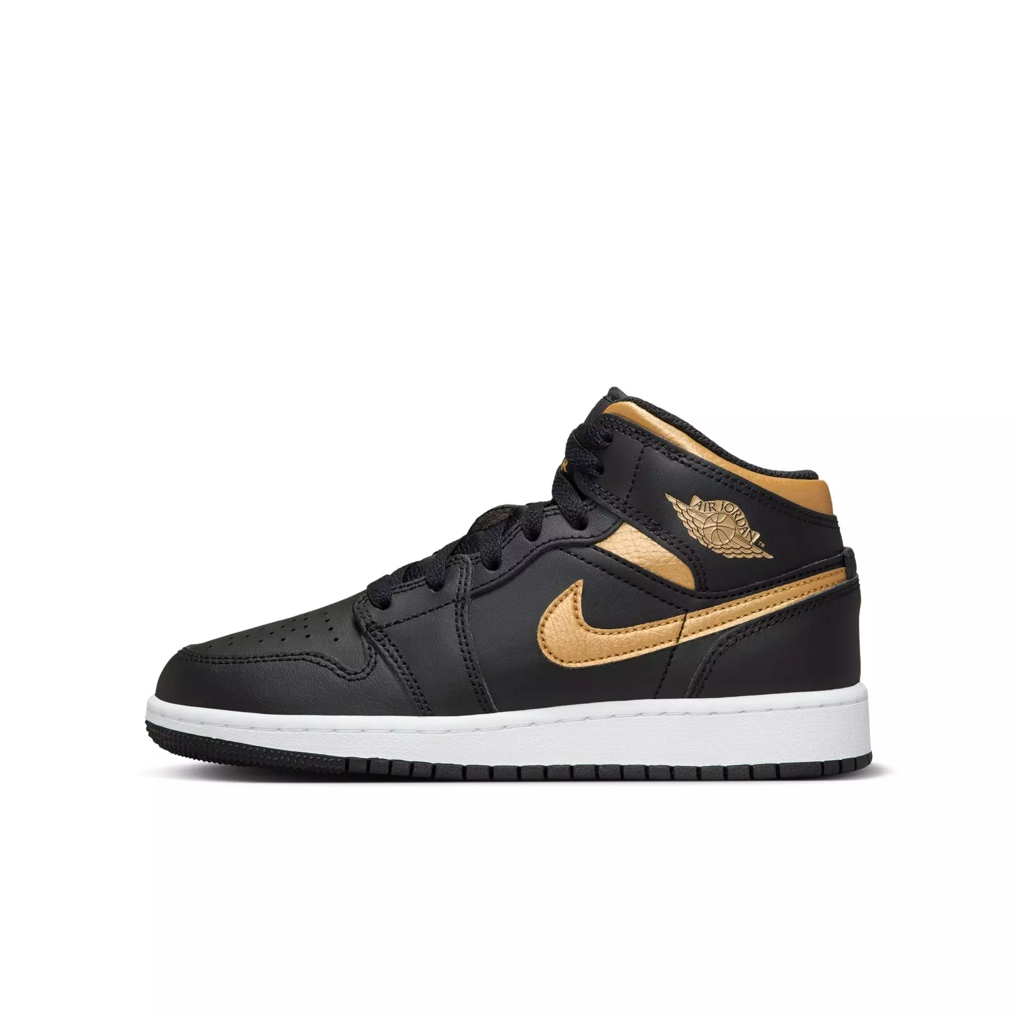 Jordan 1 Mid "Black/Metallic Gold/White" Grade School Boys' Shoe - BLACK/GOLD