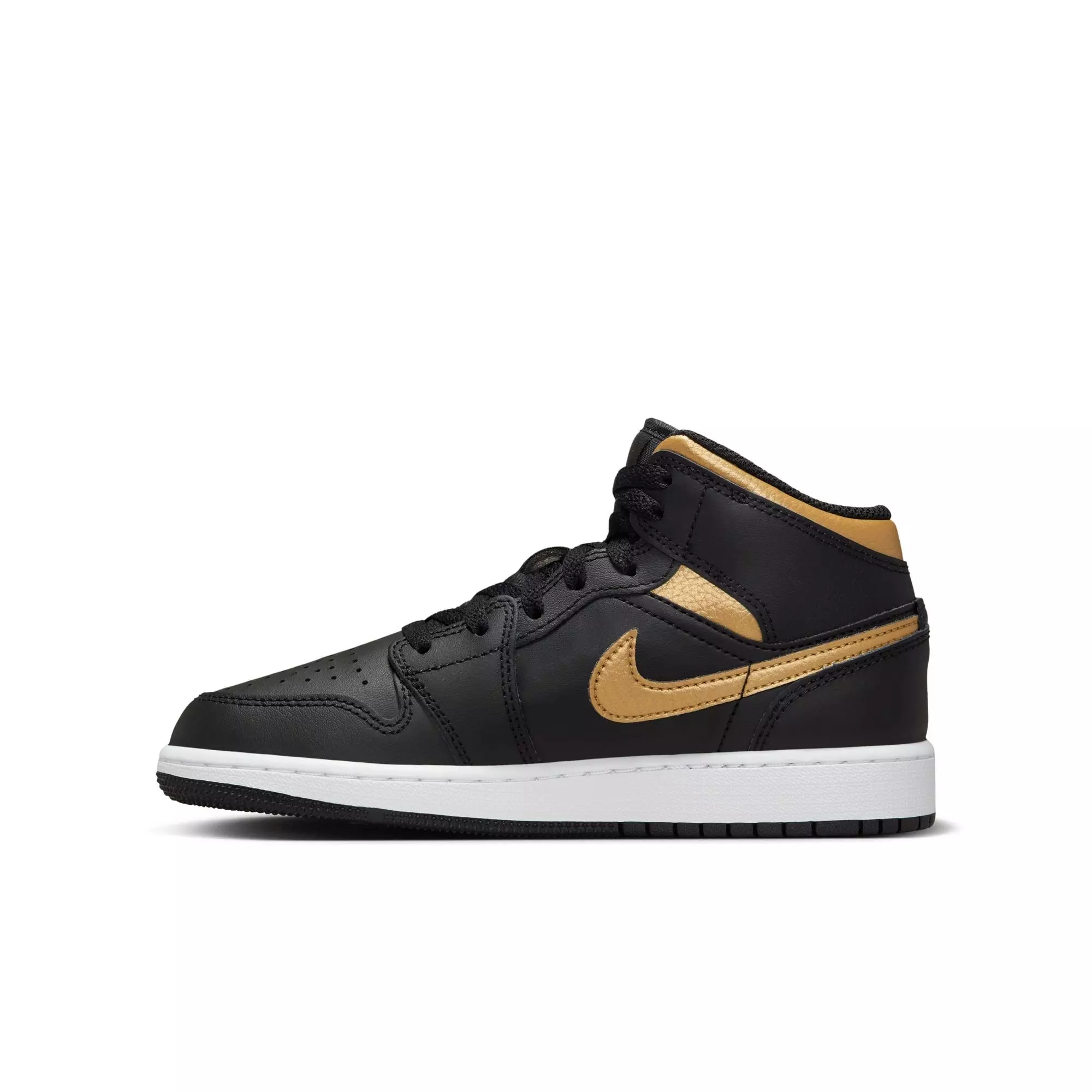Jordan 1 Mid "Black/Metallic Gold/White" Grade School Boys' Shoe - BLACK/GOLD