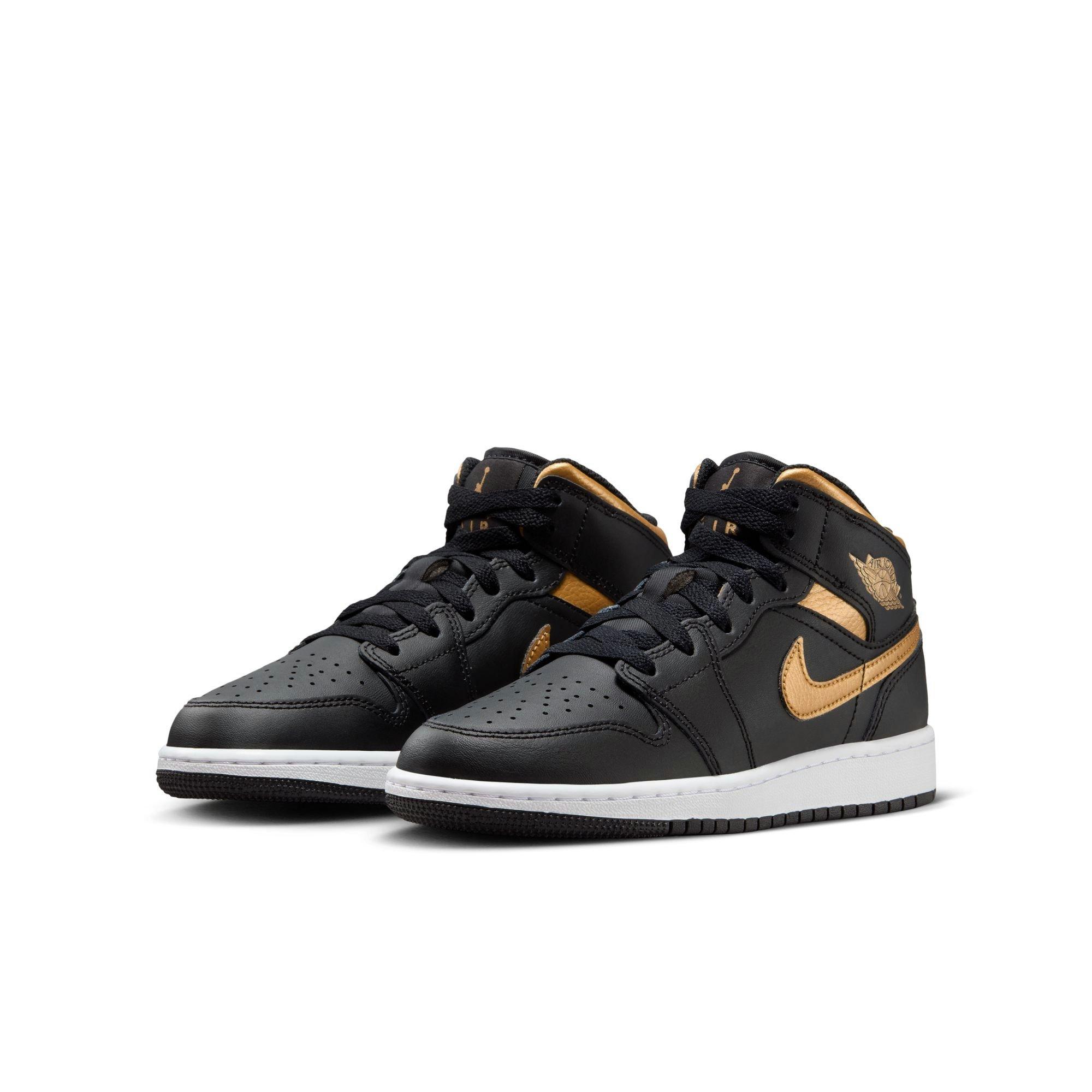 Jordan 1 Mid Grade School Boys' "Black/Metallic Gold/White" Shoe