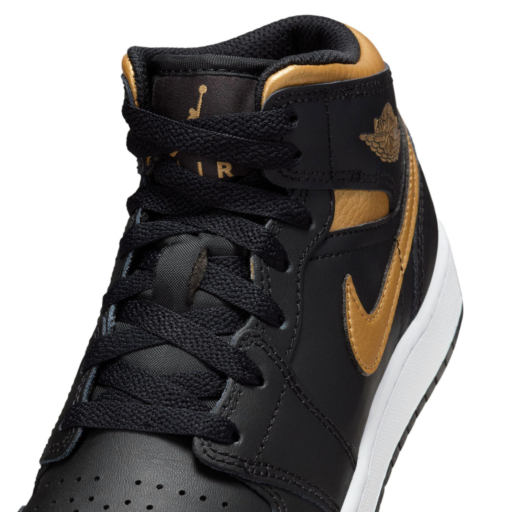 Jordan 1 Mid Grade School Boys' "Black/Metallic Gold/White" Shoe