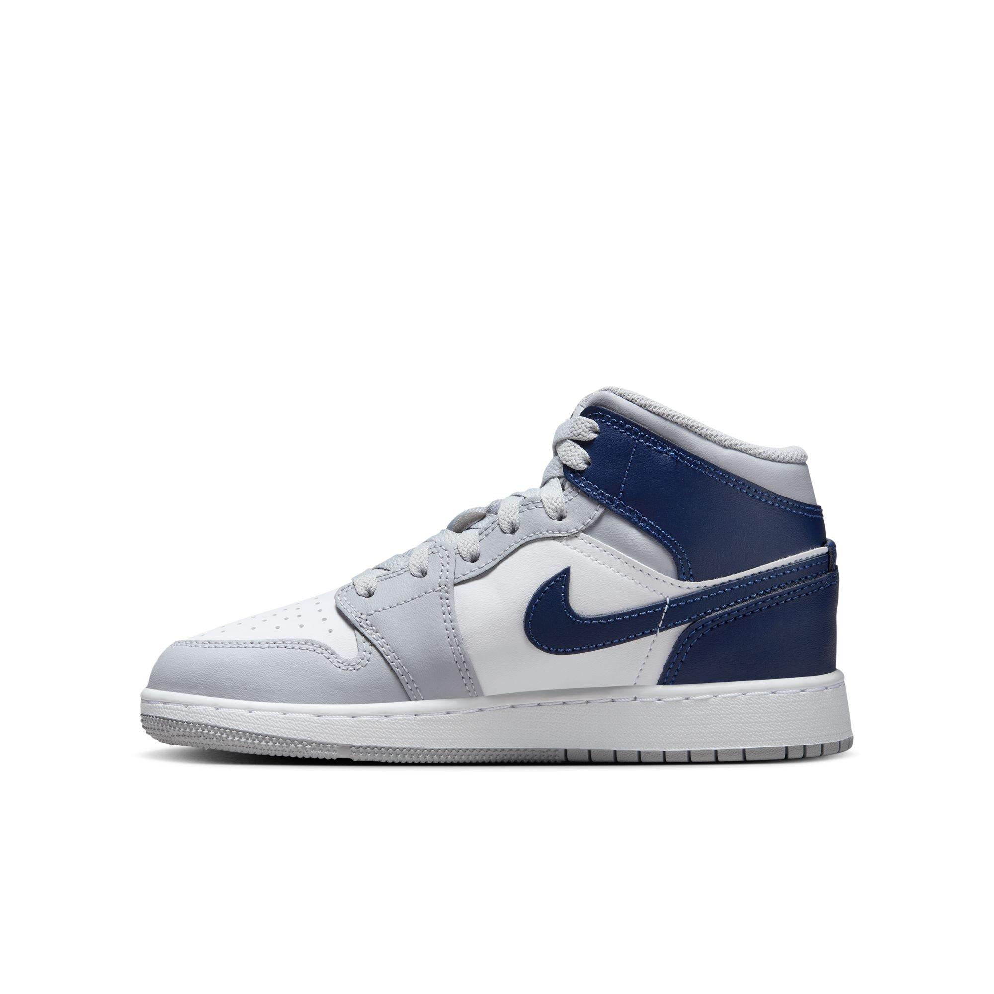 Jordan 1 Mid Grade School Boys' "White/Midnight Navy/Wolf Grey" Shoe