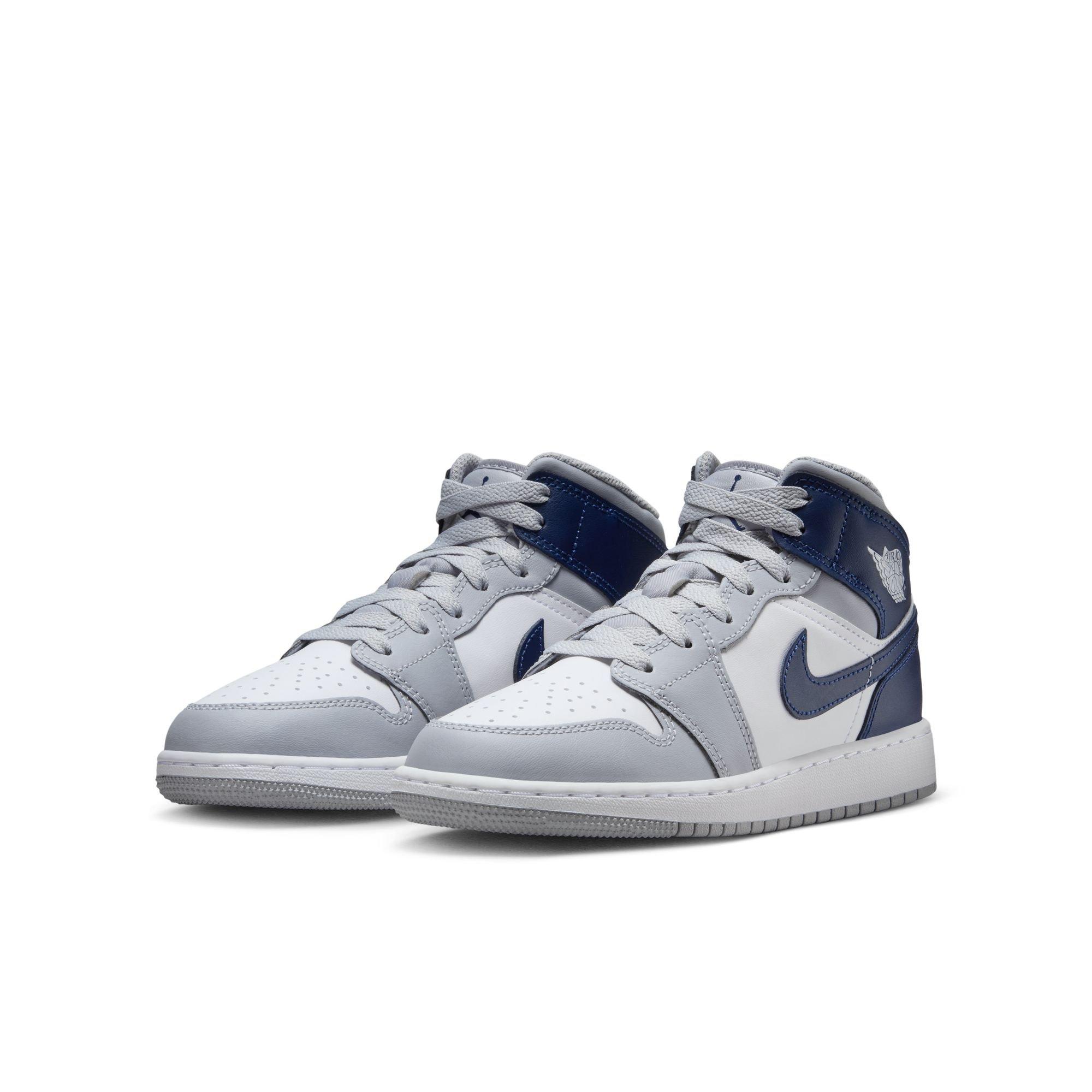 Jordan 1 Mid Grade School Boys' "White/Midnight Navy/Wolf Grey" Shoe