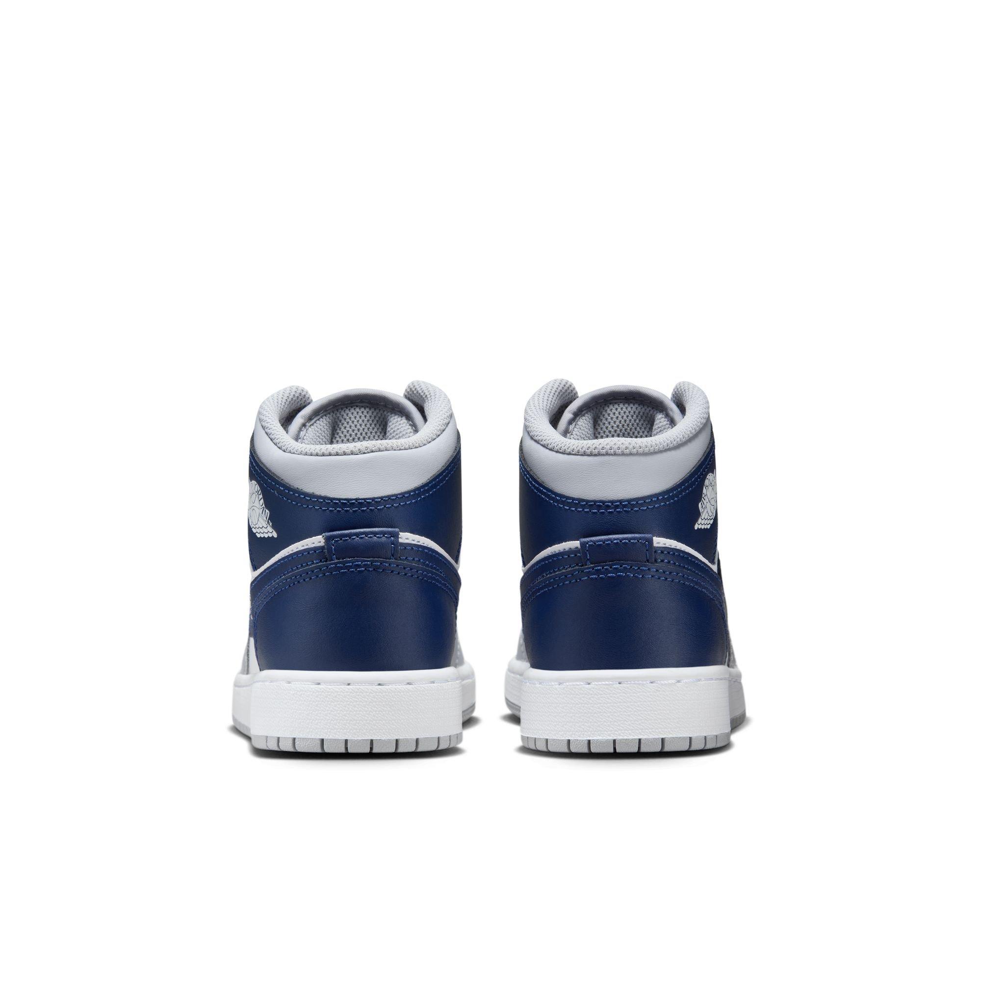 Jordan 1 Mid Grade School Boys' "White/Midnight Navy/Wolf Grey" Shoe