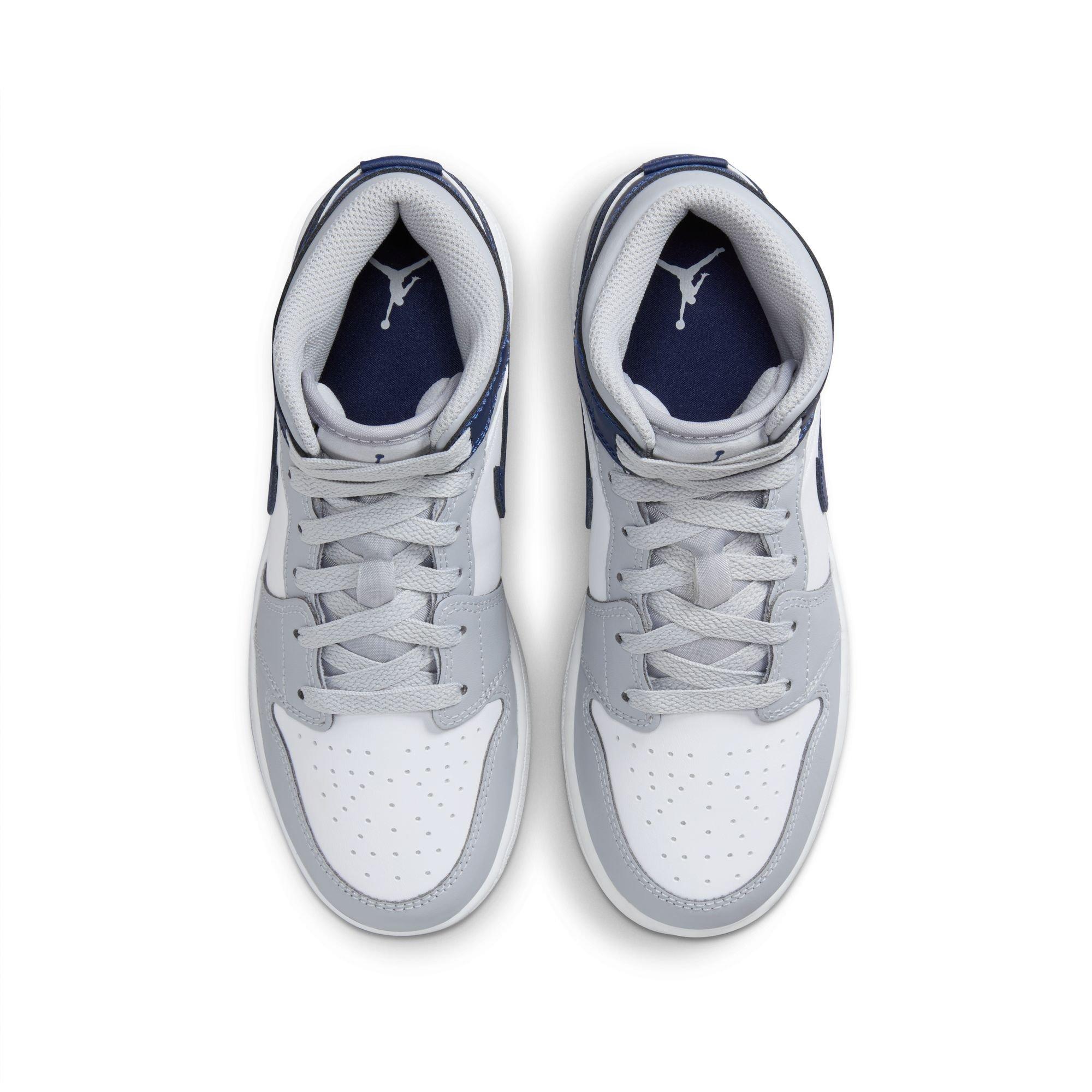 Jordan 1 Mid Grade School Boys' "White/Midnight Navy/Wolf Grey" Shoe