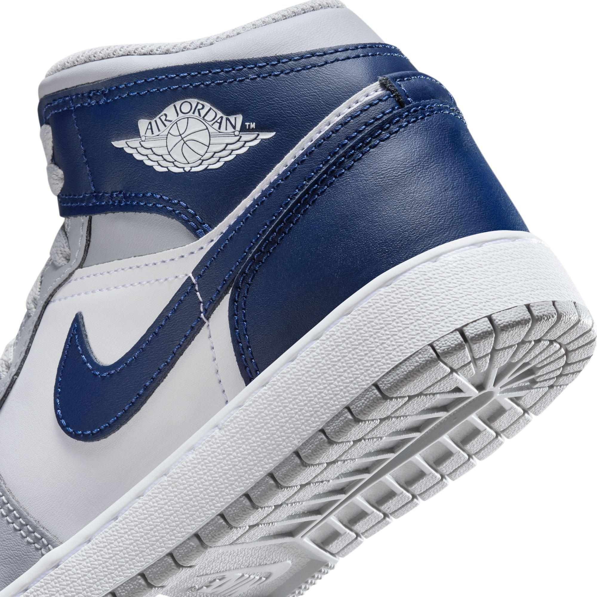 Jordan 1 Mid Grade School Boys' "White/Midnight Navy/Wolf Grey" Shoe