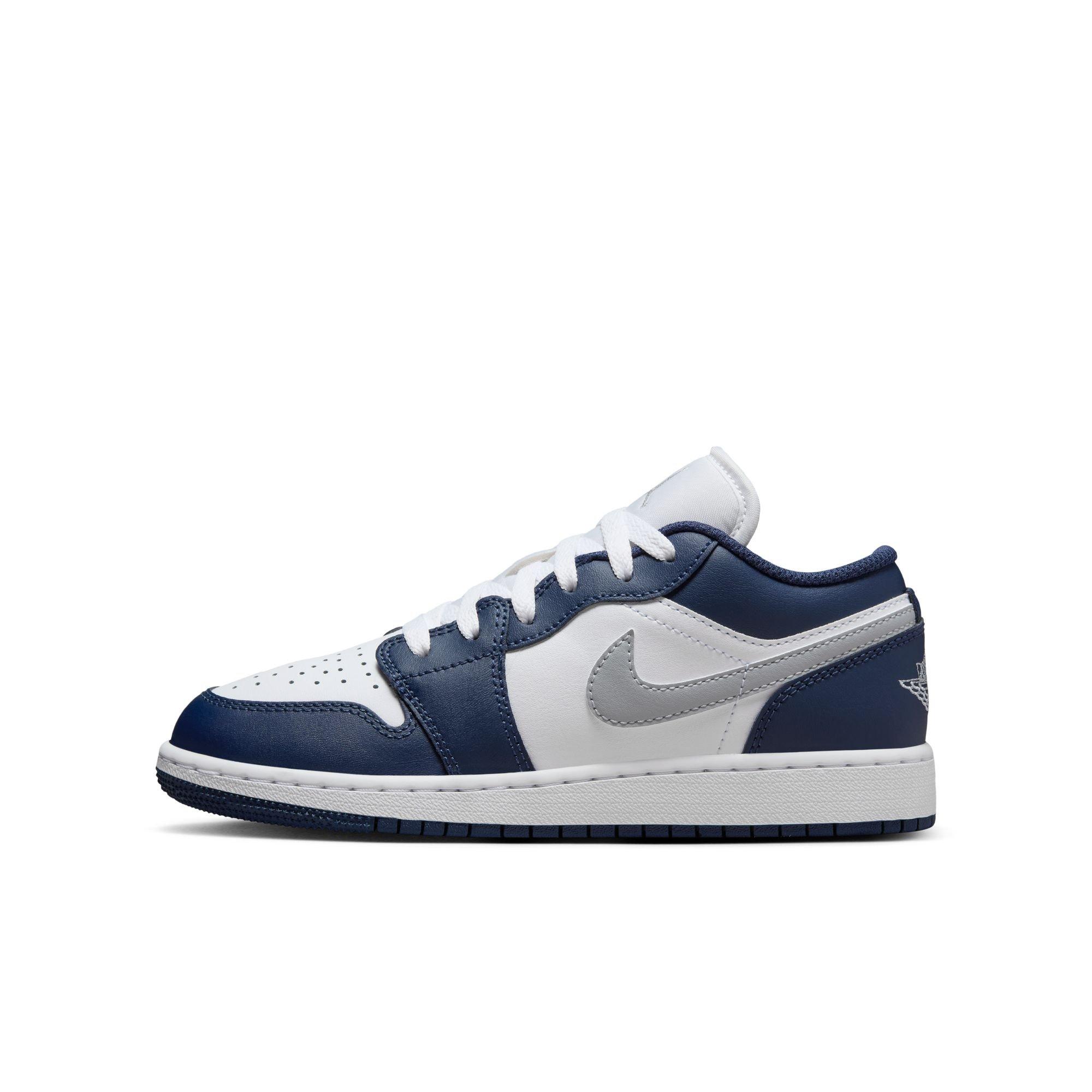 Jordan 1 Low "White/Wolf Grey/Midnight Navy" Grade School Boys' Shoe - NAVY/GREY Thumbnail View 3