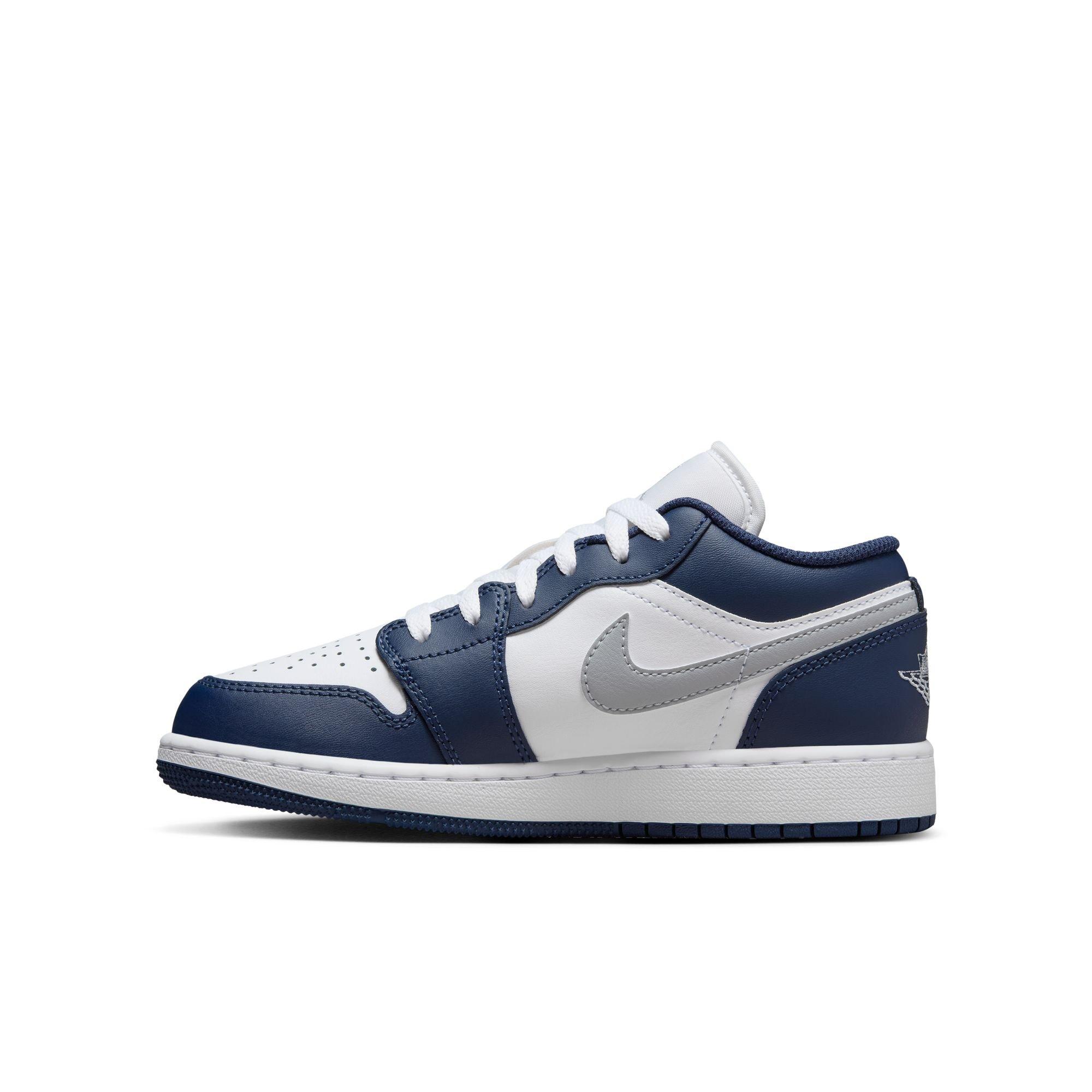 Jordan 1 Low "White/Wolf Grey/Midnight Navy" Grade School Boys' Shoe - NAVY/GREY Thumbnail View 4