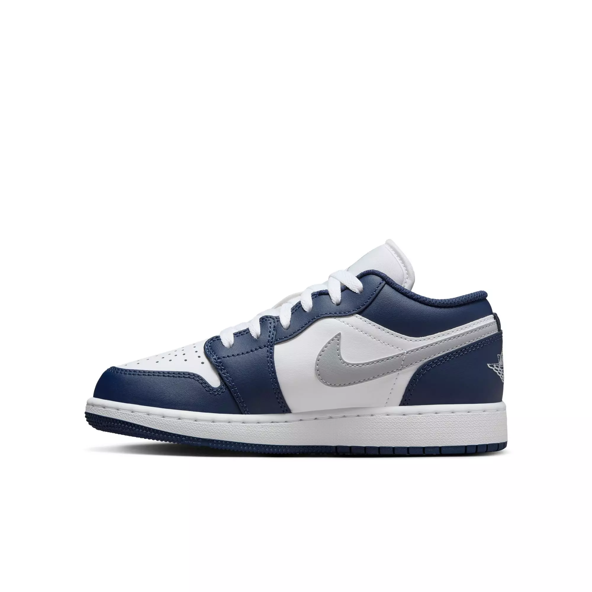 Jordan 1 Low "White/Wolf Grey/Midnight Navy" Grade School Boys' Shoe - NAVY/GREY