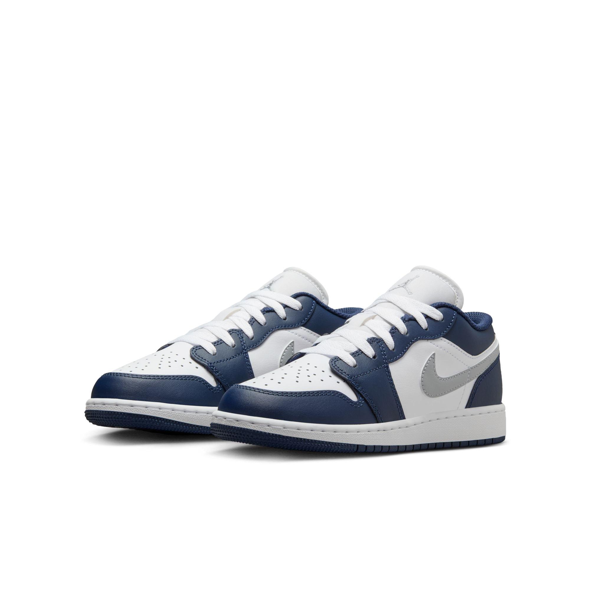 Jordan 1 Low "White/Wolf Grey/Midnight Navy" Grade School Boys' Shoe - NAVY/GREY Thumbnail View 5